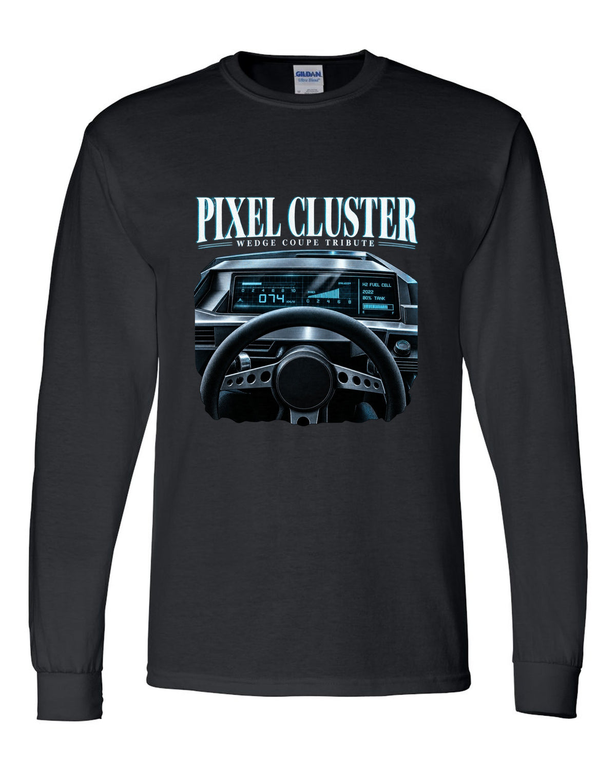 Hyundai N Vision 74 cockpit gauge print with pixel cluster and fuel cell readout black long sleeve front view with the design