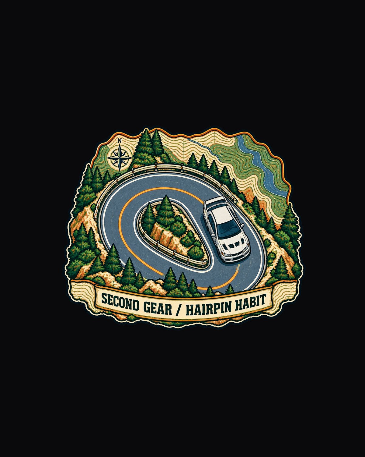 Topographic Mountain Road Map Shirt, Mitsubishi Evo VII CT9A design only
