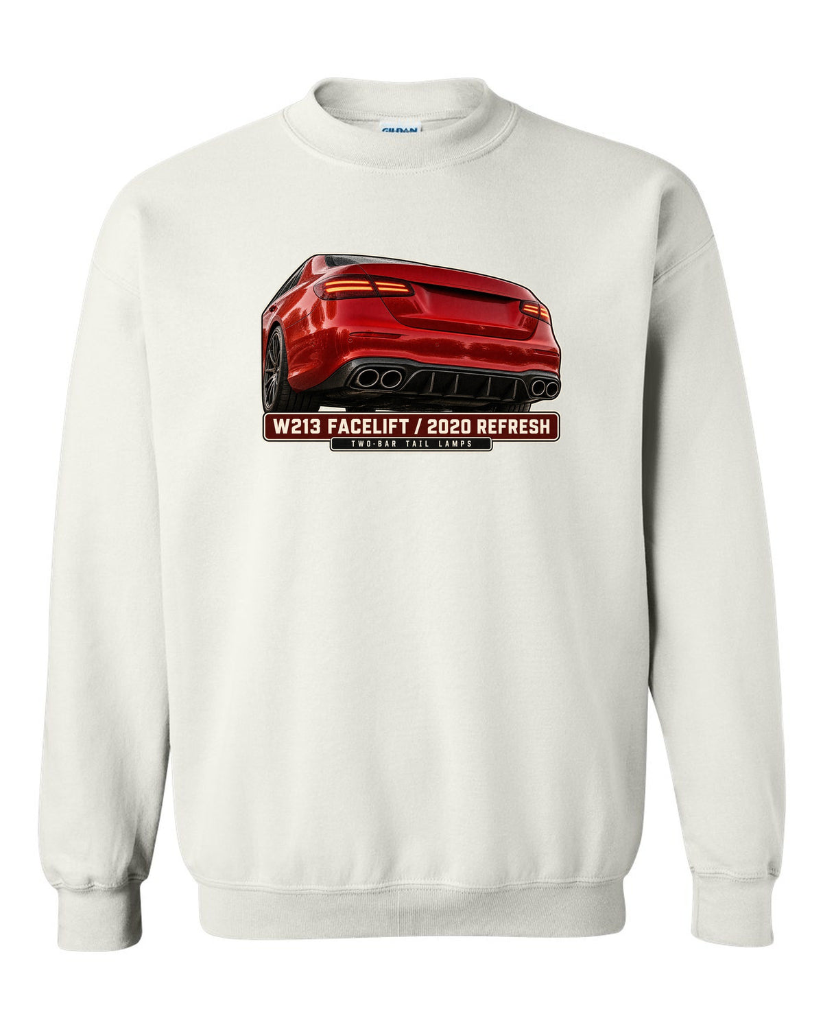 Tail lamp macro print of a red-orange Mercedes-AMG E63 S W213 facelift white crewneck front view with the design
