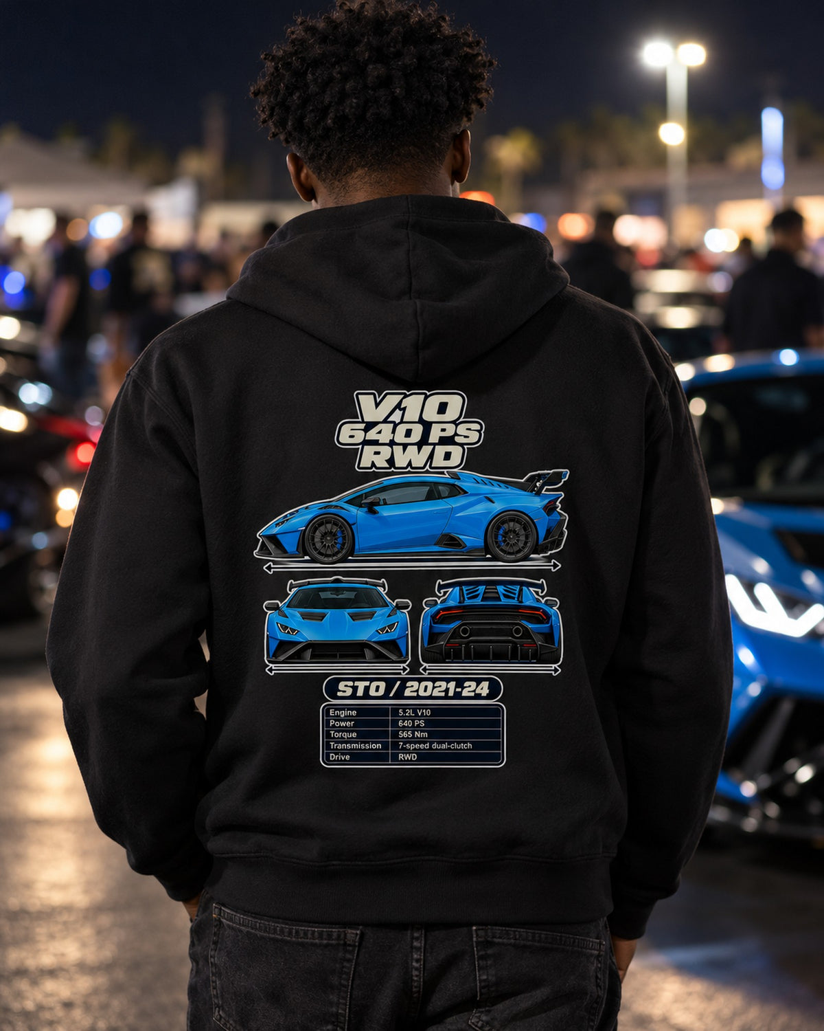 Lamborghini Huracan STO Spec Sheet Full-Back Graphic Tee Zip Hoodie Black worn hero