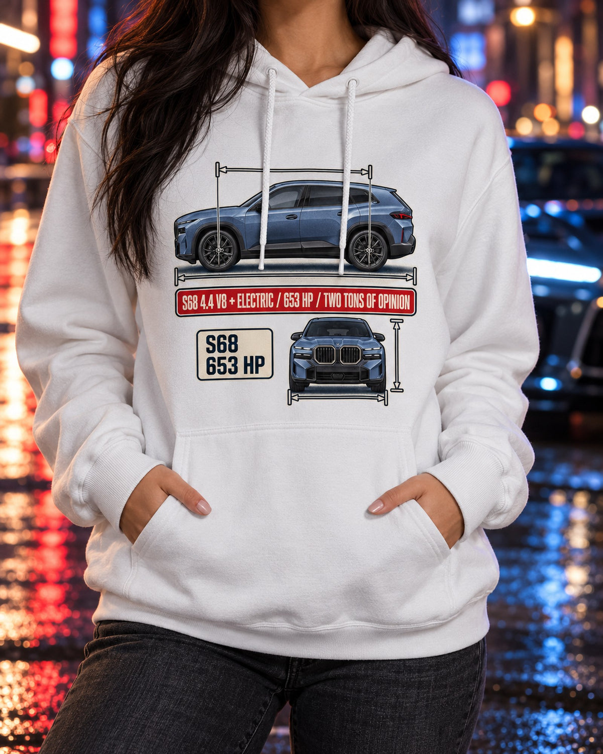 BMW XM G09 Dimension Blueprint Tee, S68 V8 Plug-In SUV Pull Over Hoodie White worn hero