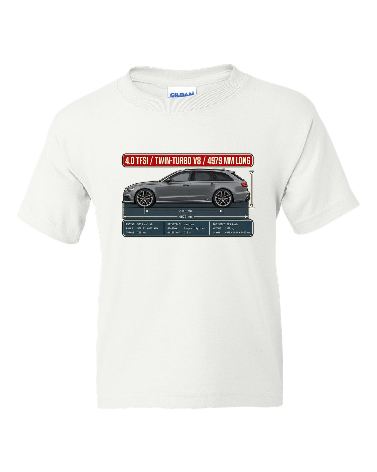 Audi RS6 Avant C7 Daytona grey dimension blueprint print white kids tee front view with the design