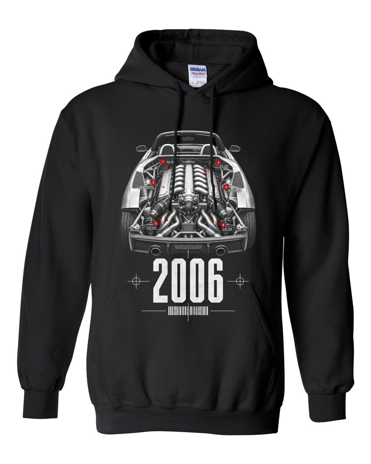 Engine hero print of a Lamborghini Gallardo Spyder with 5.0 V10 and 90 Degrees text black pull over hoodie front view with the design