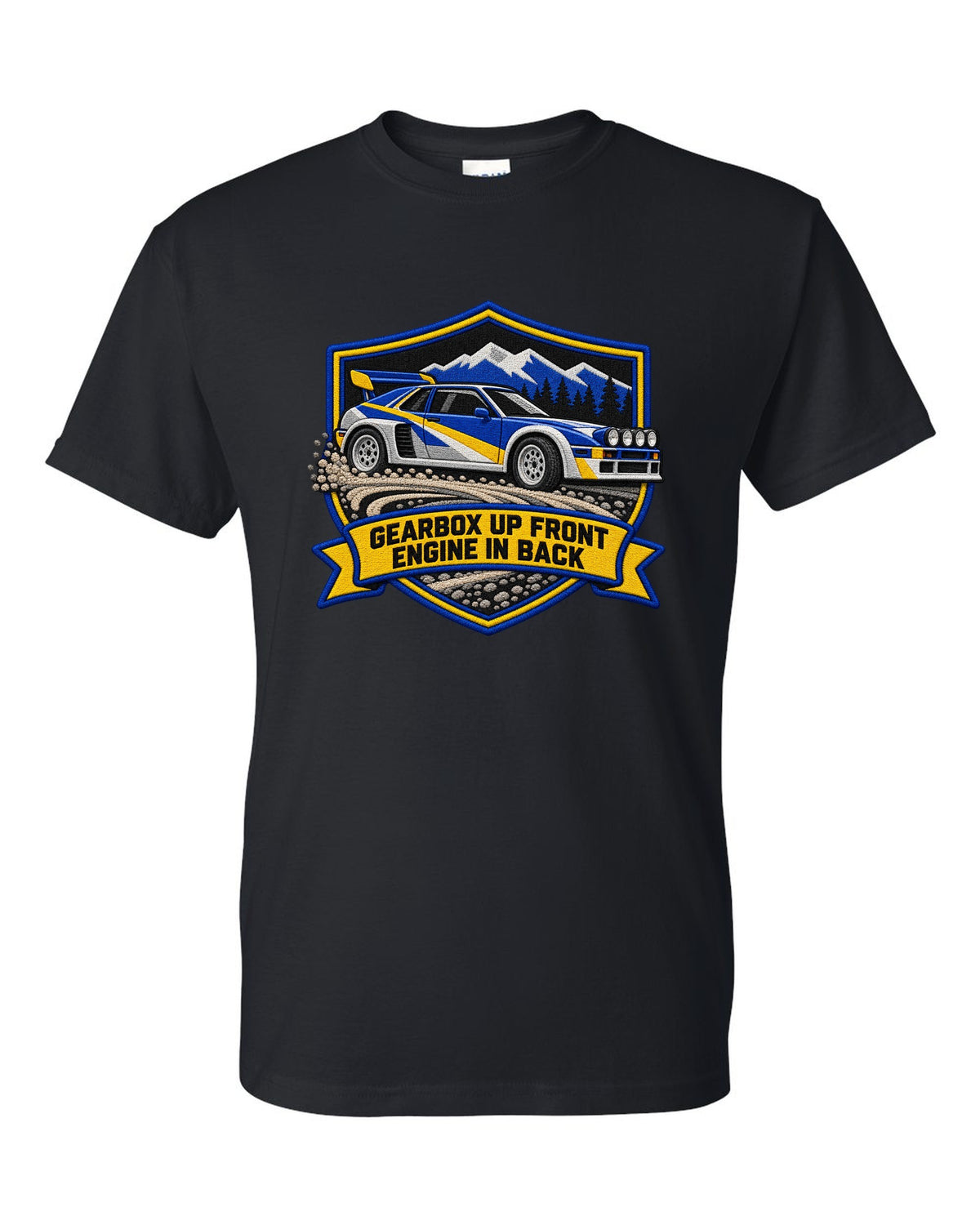Varsity crest print of the Ford RS200 with gearbox up front, engine in back text black t-shirt front view with the design