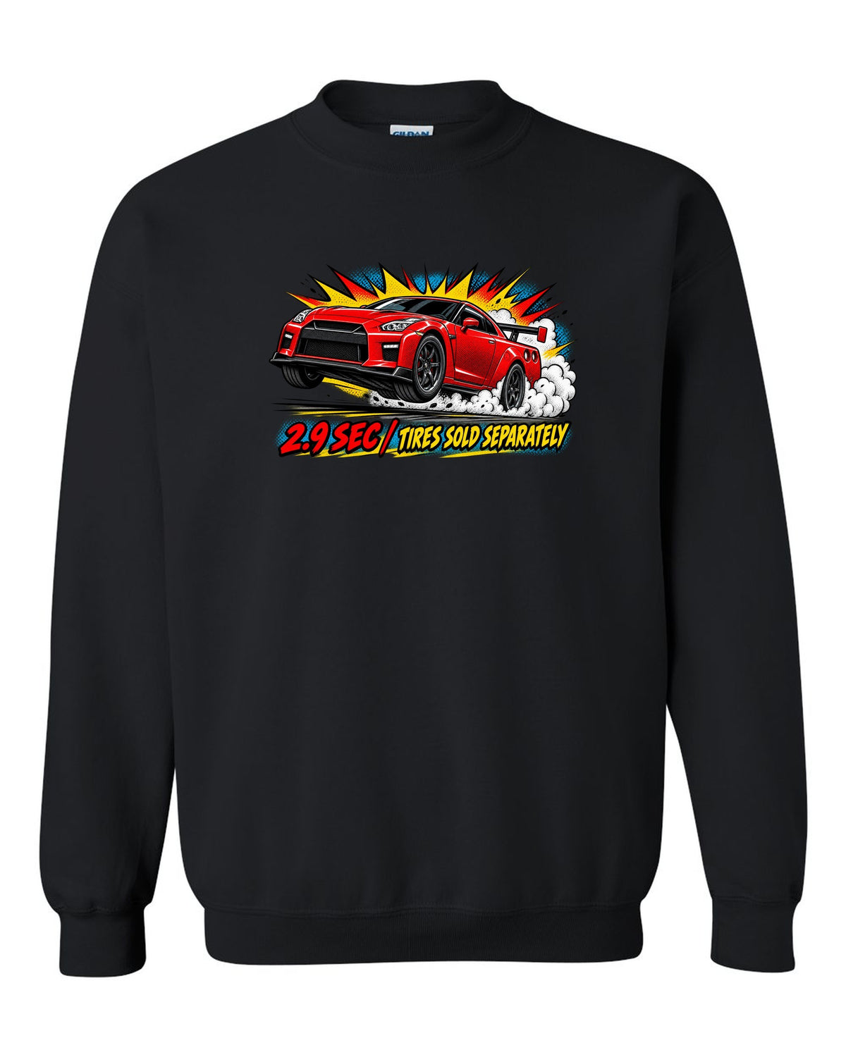 Comic halftone pop-art print of a Nissan GT-R R35 launching with 2.9 sec text black crewneck front view with the design