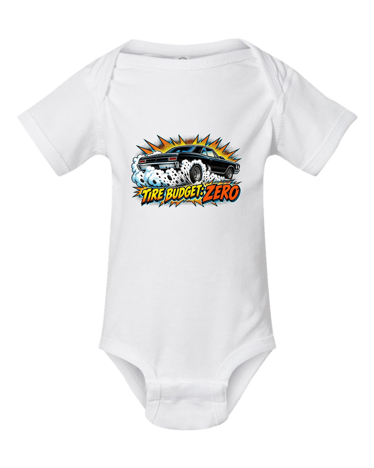 Comic halftone burst illustration of a 1966 Chevrolet Chevelle Malibu SS doing a burnout white baby onesie front view with the design