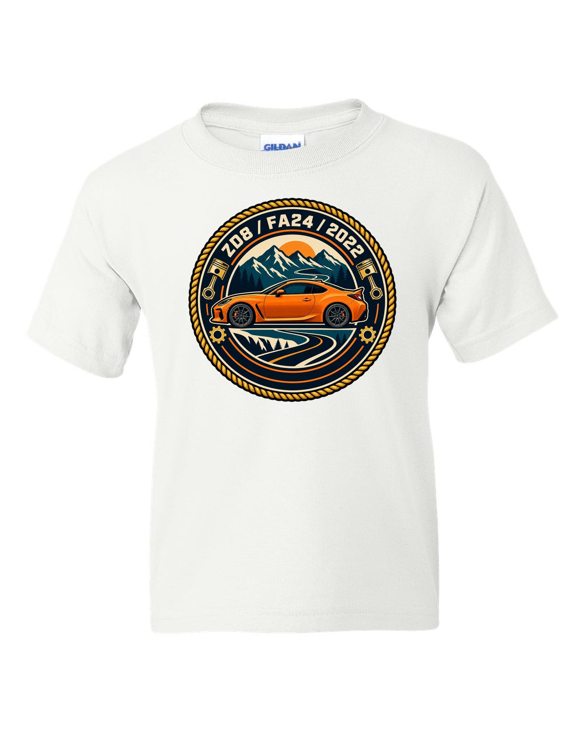 Subaru BRZ ZC6 tS in pastel vaporwave style, ZC6 / FA20 white kids tee front view with the design