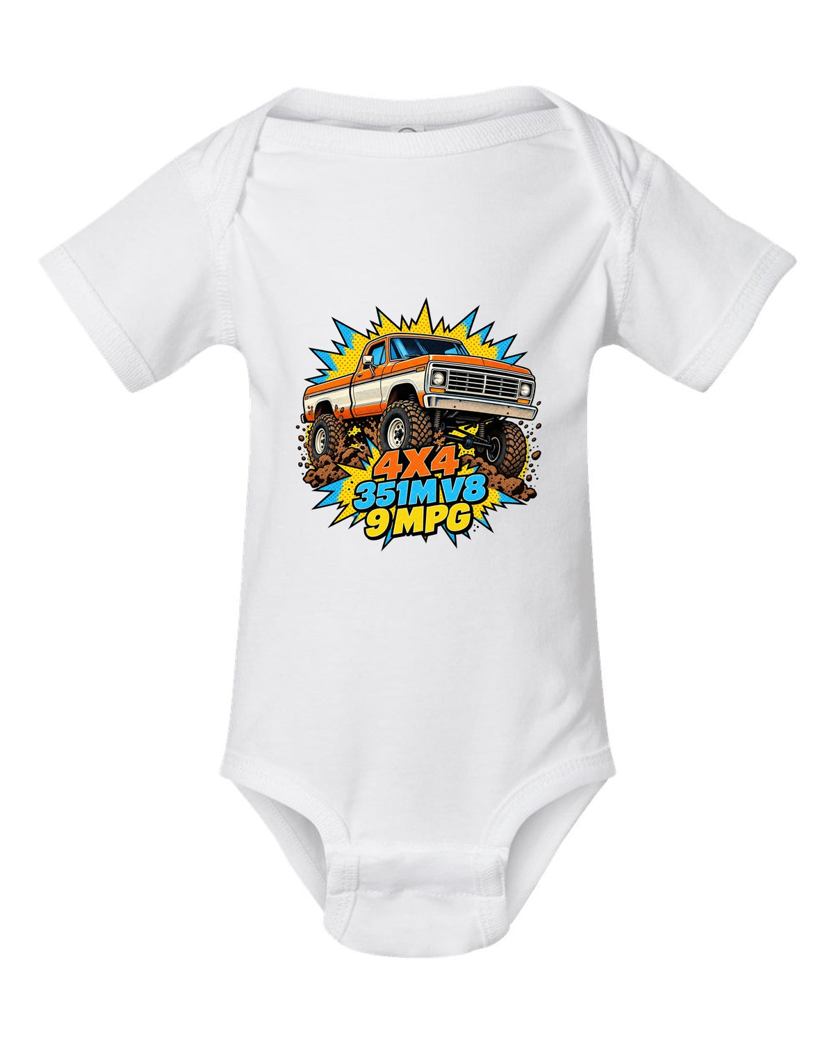 Dent-Side Ford F-150 Comic Halftone Pop-Art Workshop Tee white baby onesie front view with the design