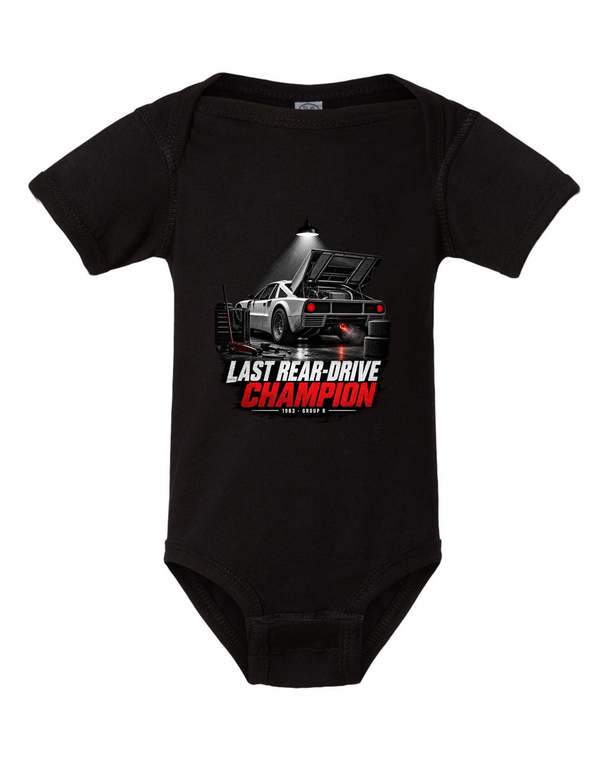 Garage night print of a Lancia Rally 037 with Last Rear-Drive Champion text black baby onesie front view with the design