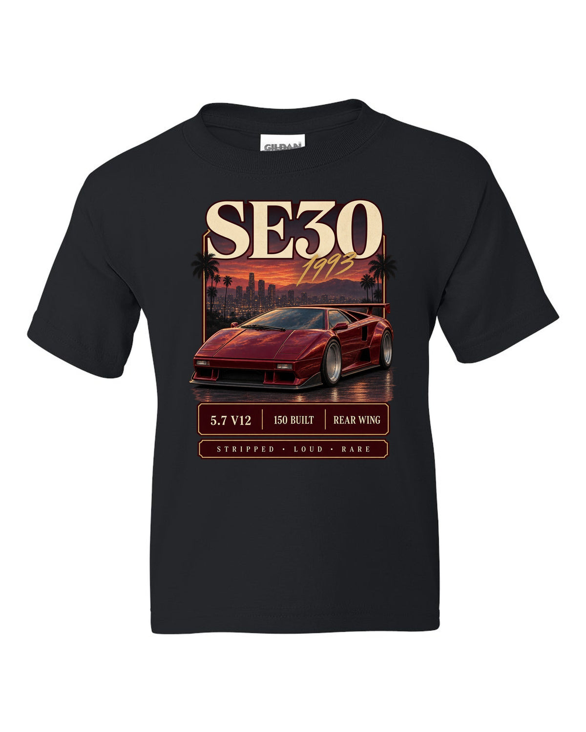 Archive panel print of a Lamborghini Diablo SE30 with 5.7 V12 and 150 built text black kids tee front view with the design