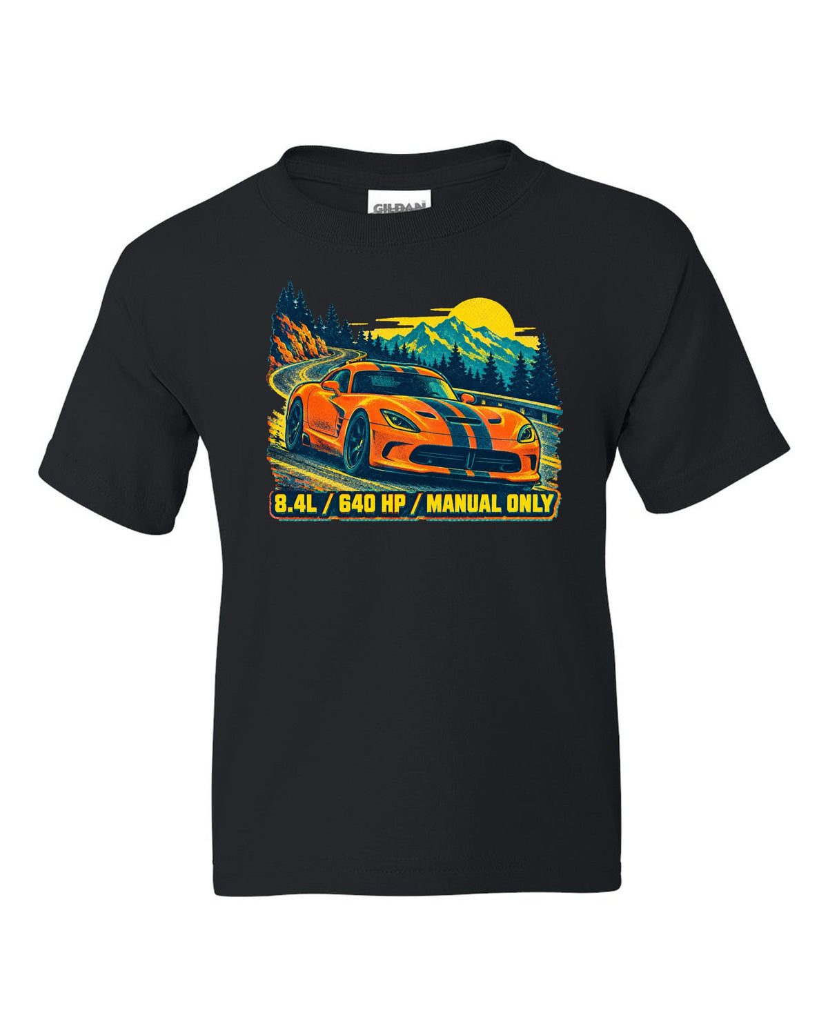 Risograph spot-colour print of a 2013 Dodge Viper VX I with 8.4L text black kids tee front view with the design