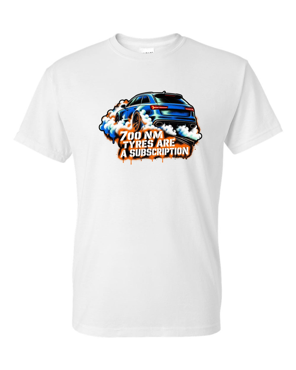 Stencil spray street art design of the Audi RS6 Avant C7 4G with 700 Nm and tyres are a subscription lettering white t-shirt front view with the design