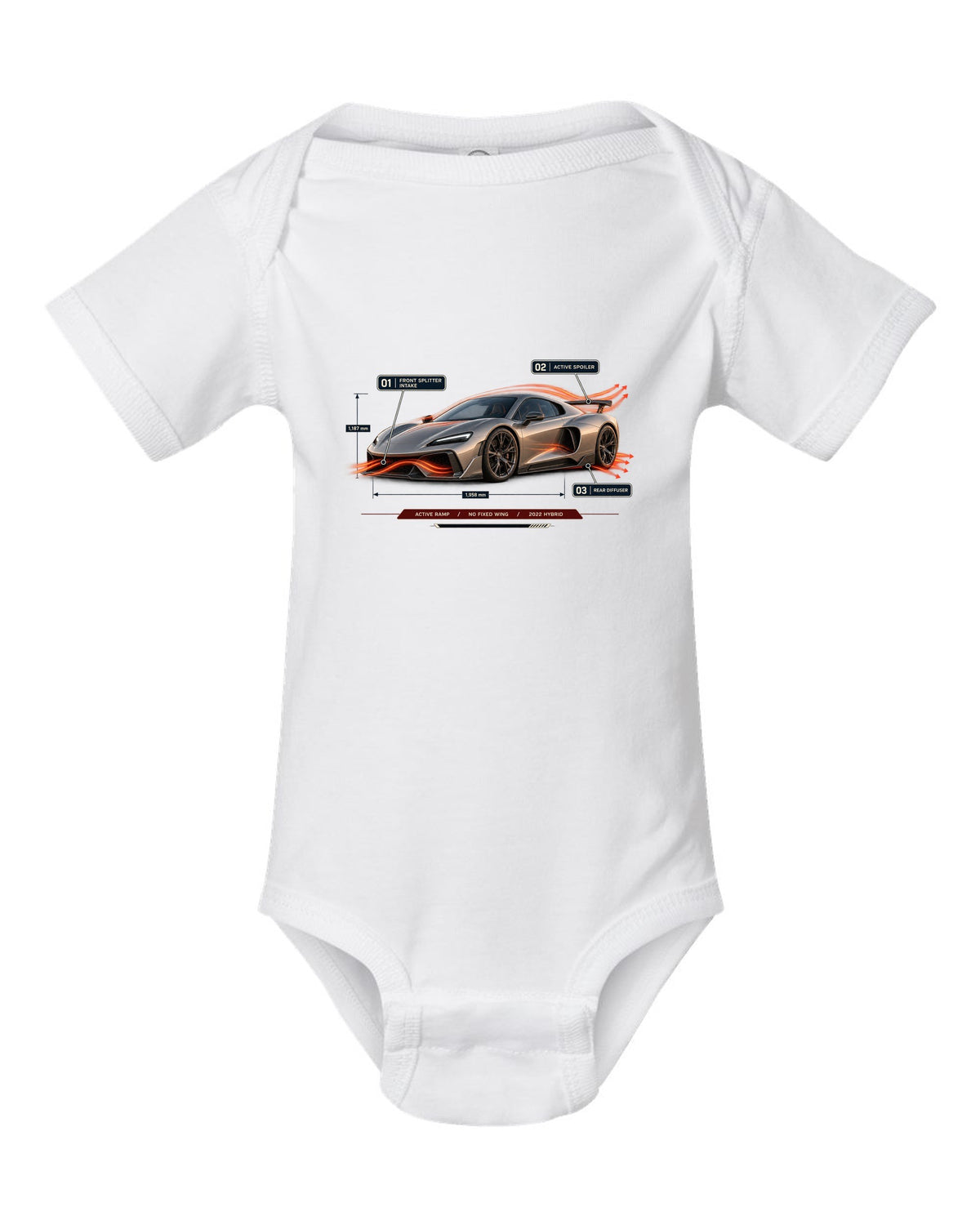 Ferrari 296 GTB aero callout print with active ramp and no fixed wing white baby onesie front view with the design