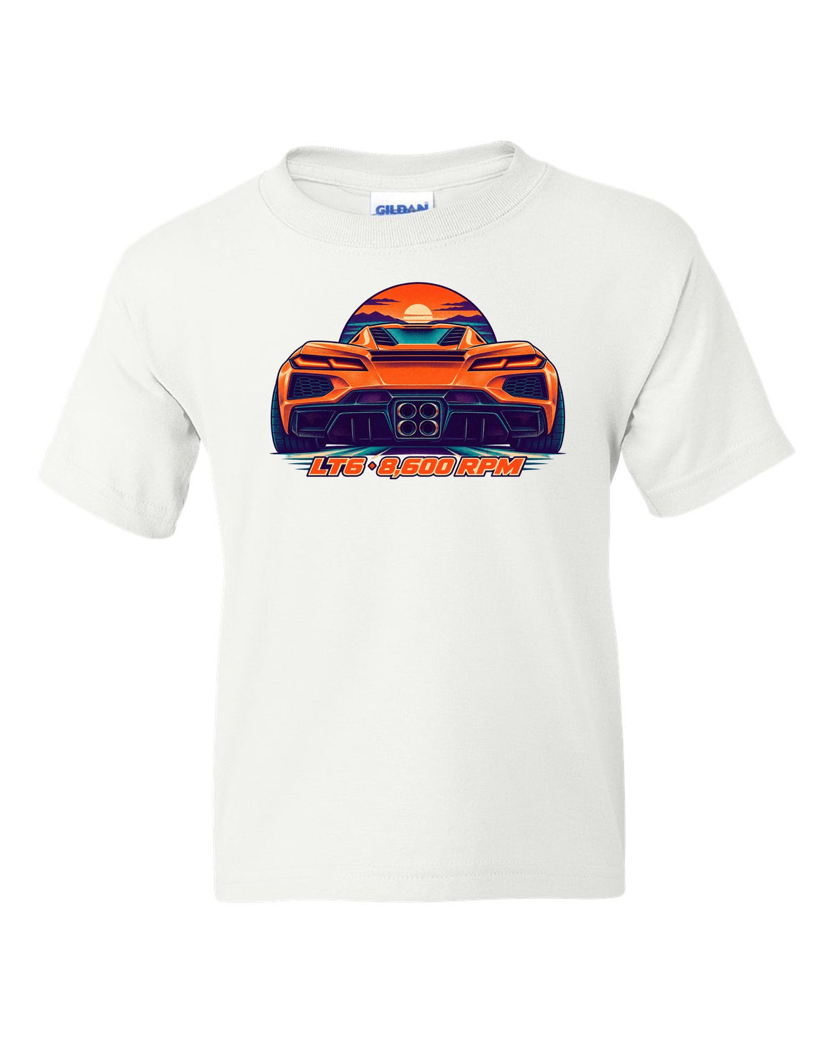 Risograph-style print of a Chevrolet Corvette C8 Z06 with quad exhaust tips and LT6 8,600 RPM lettering white kids tee front view with the design