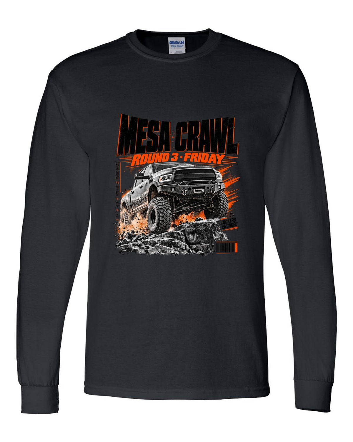 Race poster print of a Ram 2500 Power Wagon at a Mesa Crawl event black long sleeve front view with the design