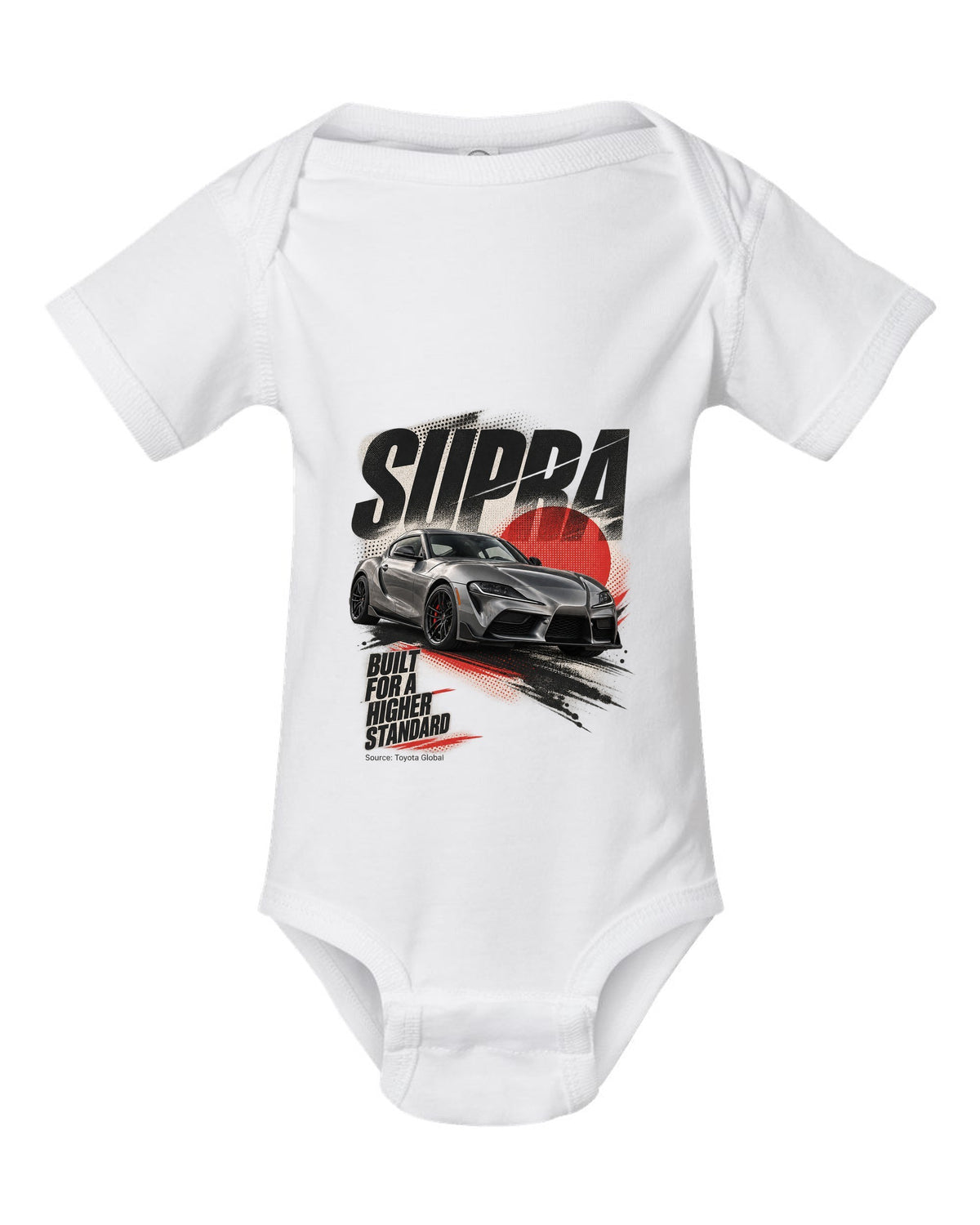 Interior cockpit and gauge view of the Toyota GR Supra A91-MT with rev-match text white baby onesie front view with the design