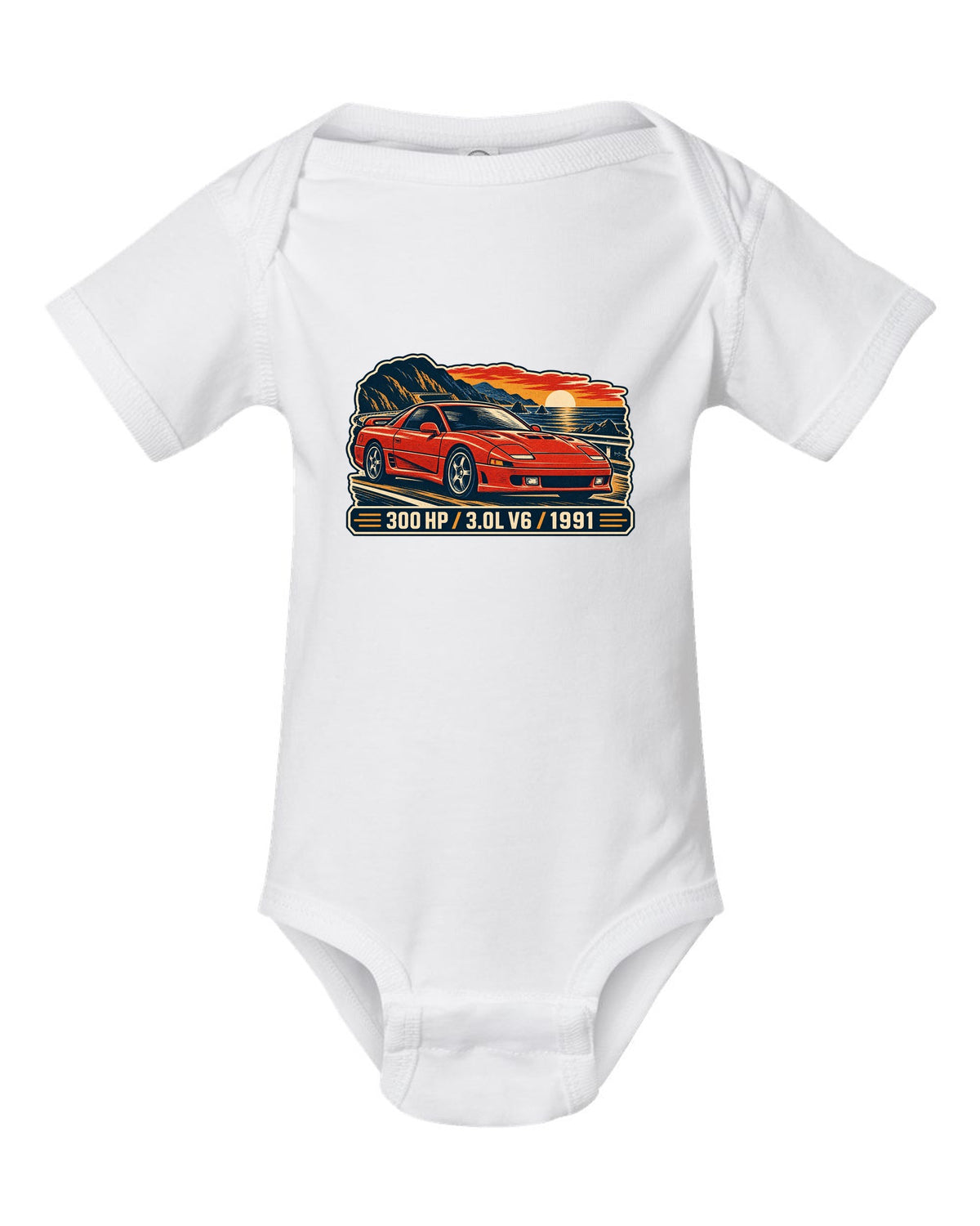 Linocut woodcut print of the Mitsubishi 3000GT VR-4 with 300 HP 3.0L V6 1991 text white baby onesie front view with the design