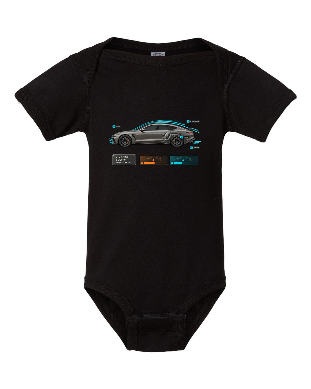 print of the Koenigsegg Gemera with aero callouts and the text 2.0 litres, 600 hp, two turbos black baby onesie front view with the design