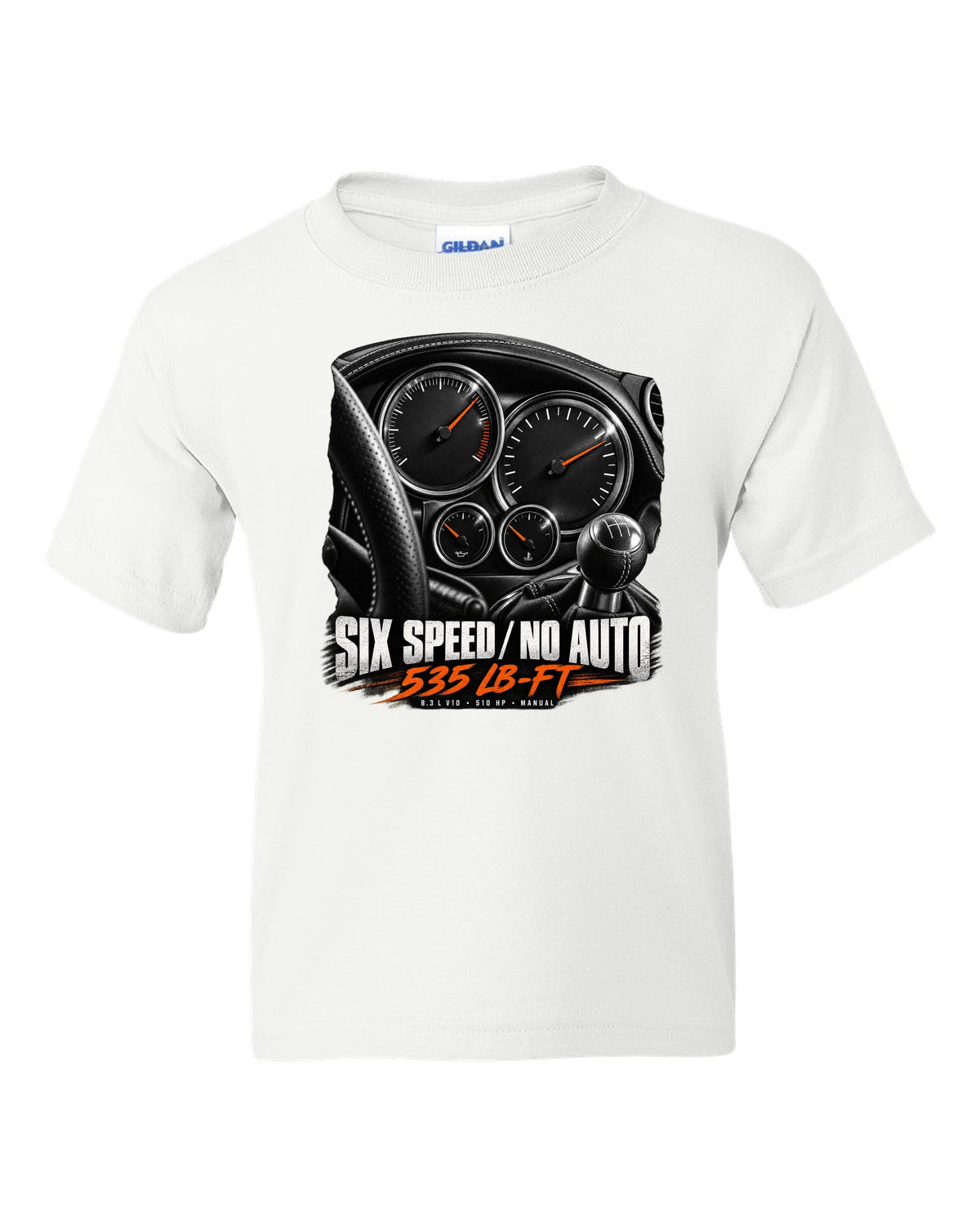 2006 Dodge Viper SRT-10 ZB I instrument gauge cluster print with six speed lettering white kids tee front view with the design