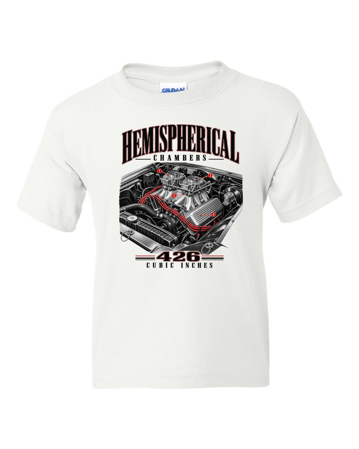 Engine hero print of a 1970 Plymouth Cuda E-body 426 Hemi white kids tee front view with the design