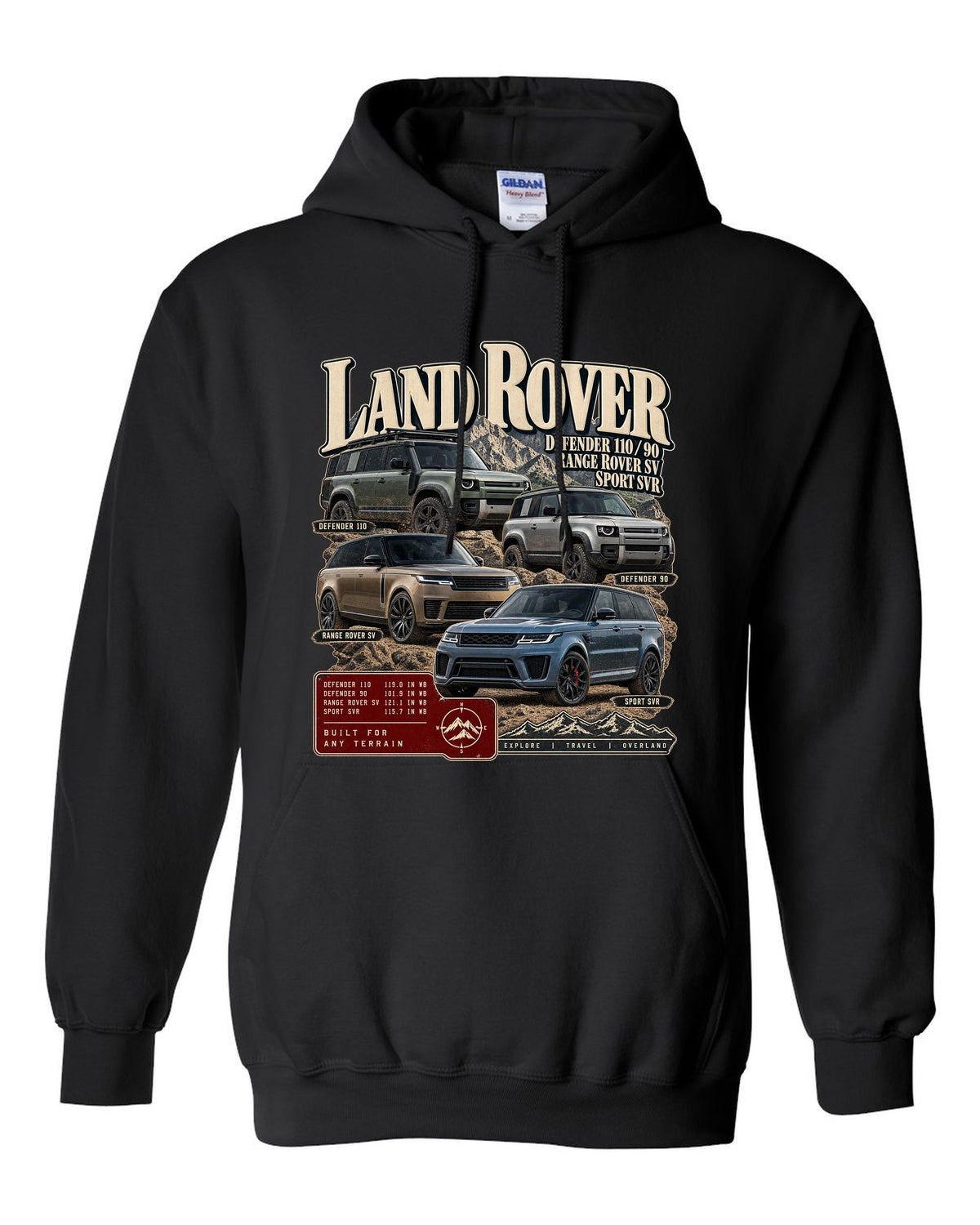 Archive panel print of the Jeep Grand Cherokee Trackhawk WK2 with 0-60 time black pull over hoodie front view with the design