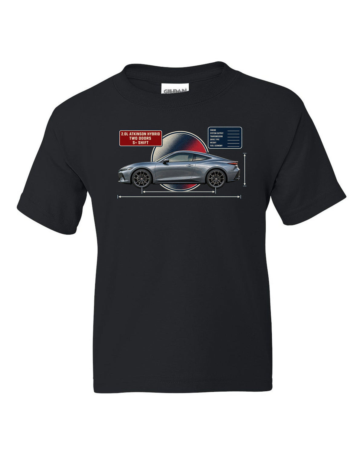 Honda Prelude 2026 sixth-gen dimension blueprint print black kids tee front view with the design