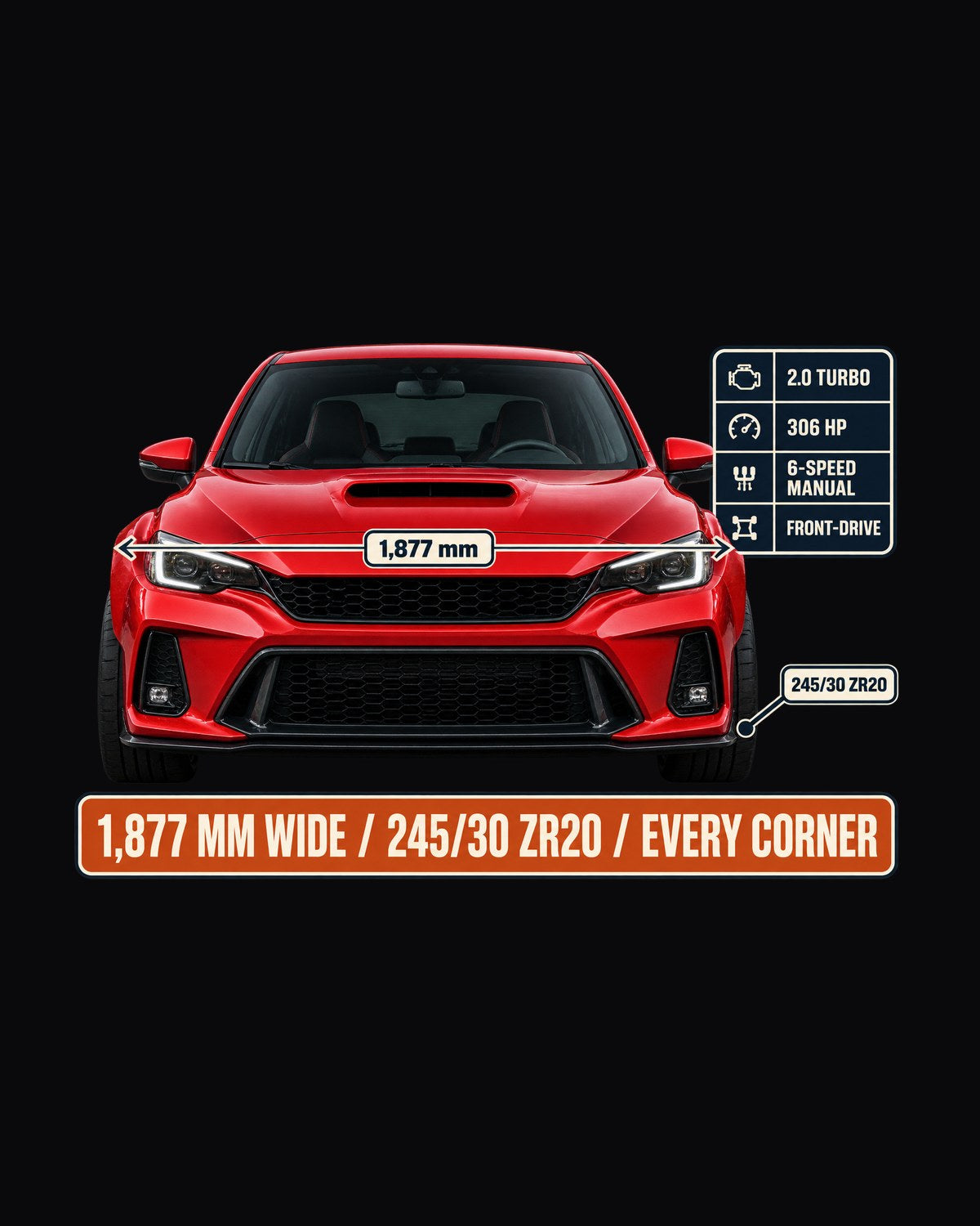 Civic Type R FK8 Front Elevation Spec Poster Tee, Rallye Red design only