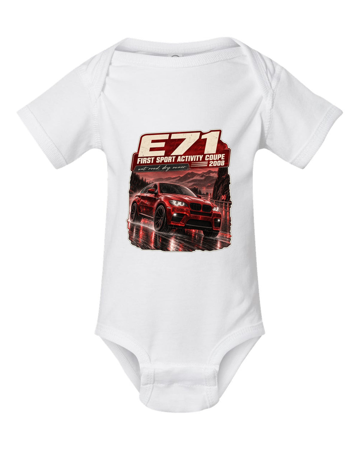 BMW X6 M E71 night street touge print on a tee white baby onesie front view with the design