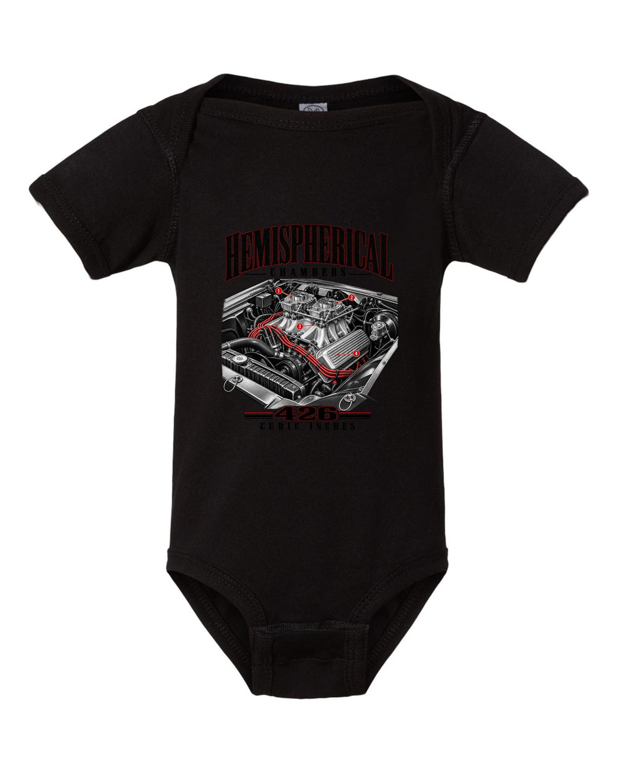 Engine hero print of a 1970 Plymouth Cuda E-body 426 Hemi black baby onesie front view with the design