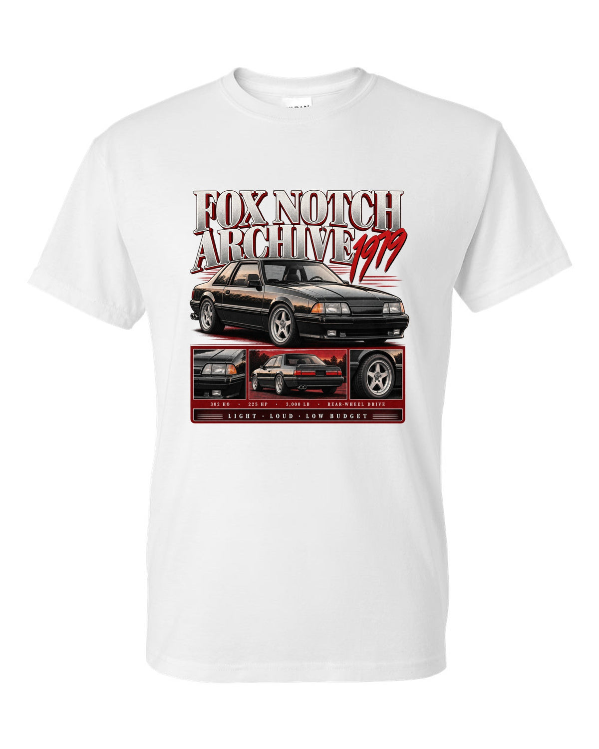 Archive panel print of a Ford Mustang Fox Body notchback coupe with spec lines white t-shirt front view with the design
