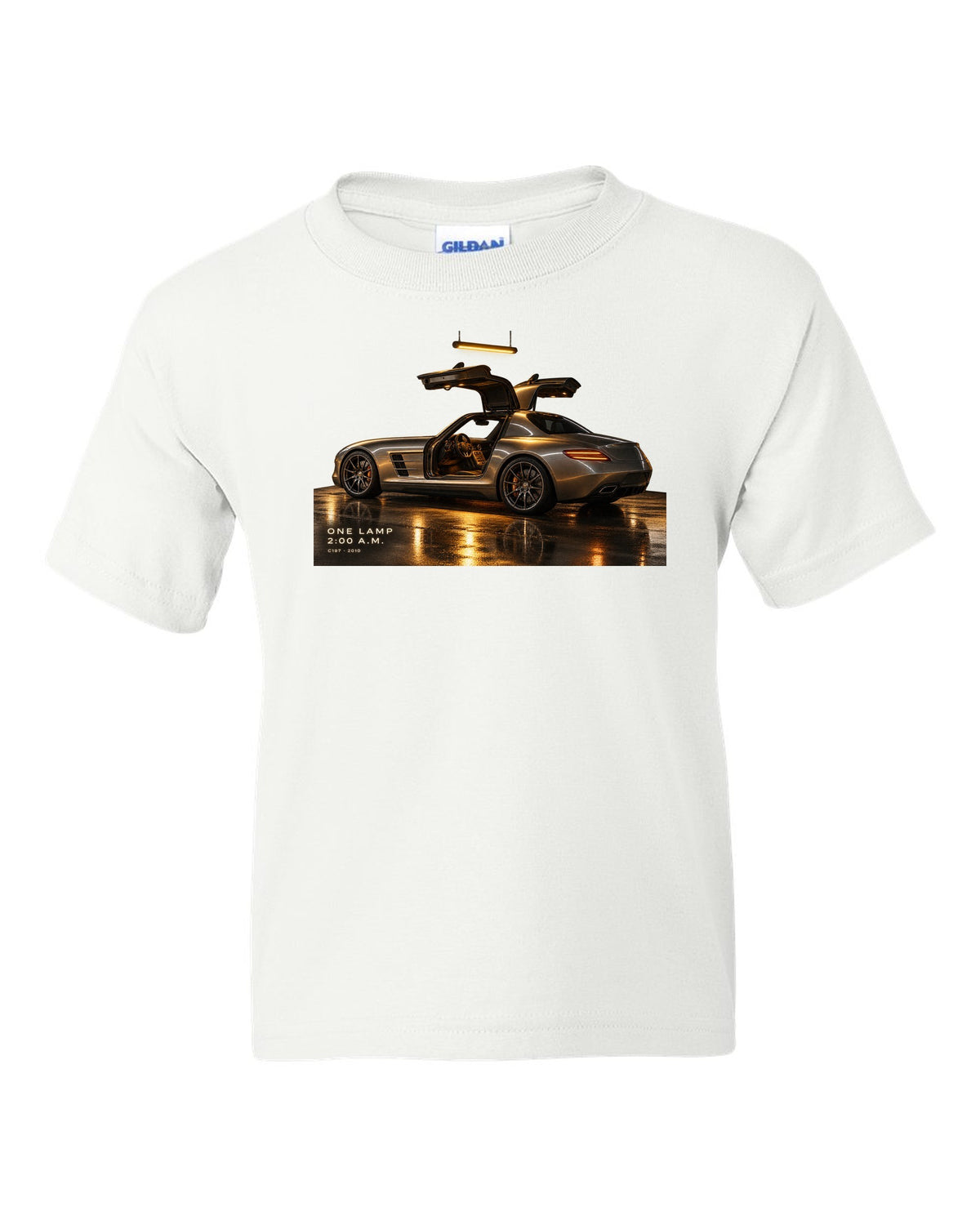 Garage night print of a Mercedes SLS AMG C197 under one lamp with 2:00 A.M. lettering white kids tee front view with the design