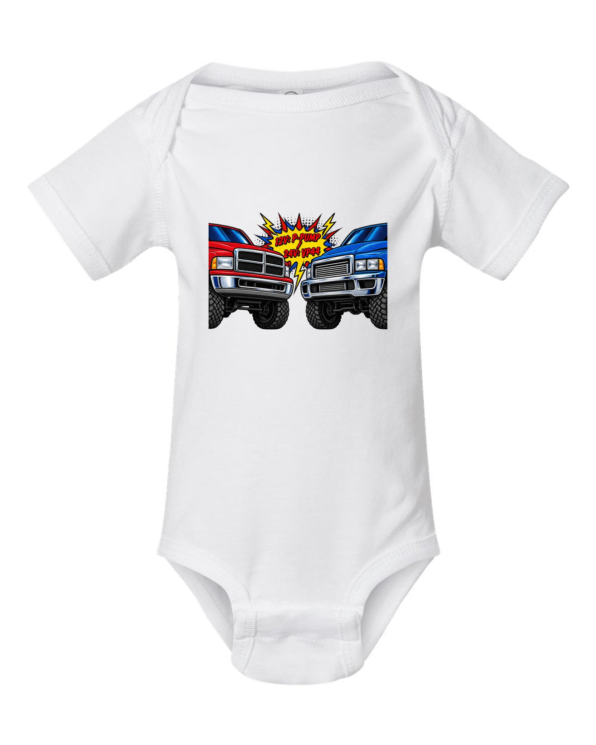 Comic halftone print comparing the 12V P-pump and 24V VP44 Cummins in a Ram 2500 white baby onesie front view with the design