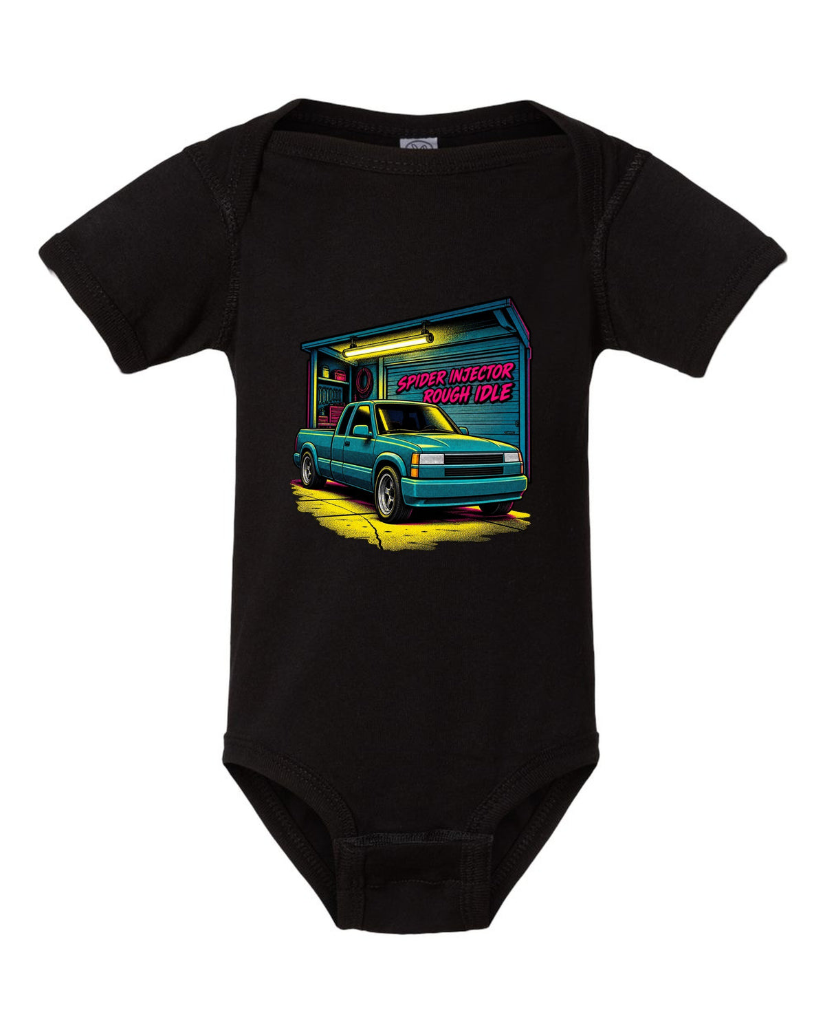 Comic halftone pop-art print of a 1988-98 Chevrolet GMT400 C1500 OBS extended cab with spider injector rough idle lettering black baby onesie front view with the design
