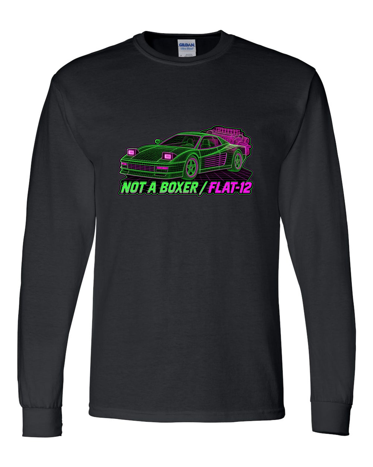 Wireframe mesh print of the Ferrari Testarossa F110 with the text not a boxer, flat-12 black long sleeve front view with the design