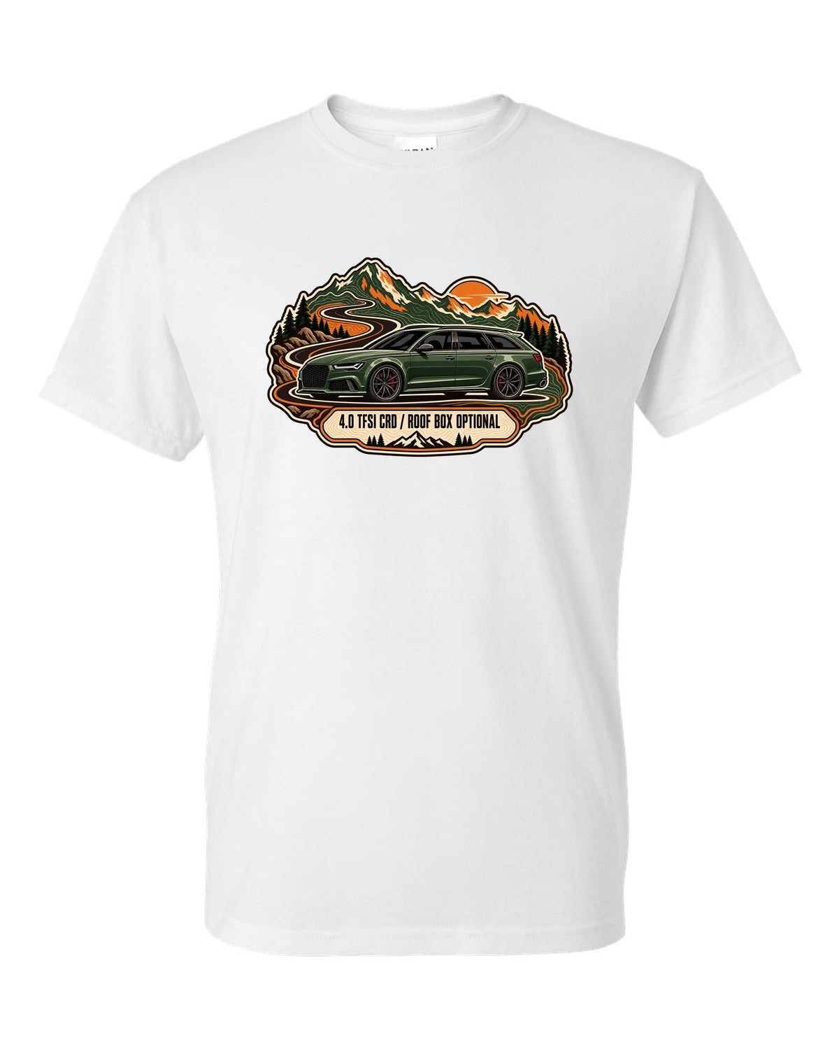 Topographic route map design of the Audi RS6 Avant C7 4G with 4.0 TFSI and roof box optional lettering white t-shirt front view with the design
