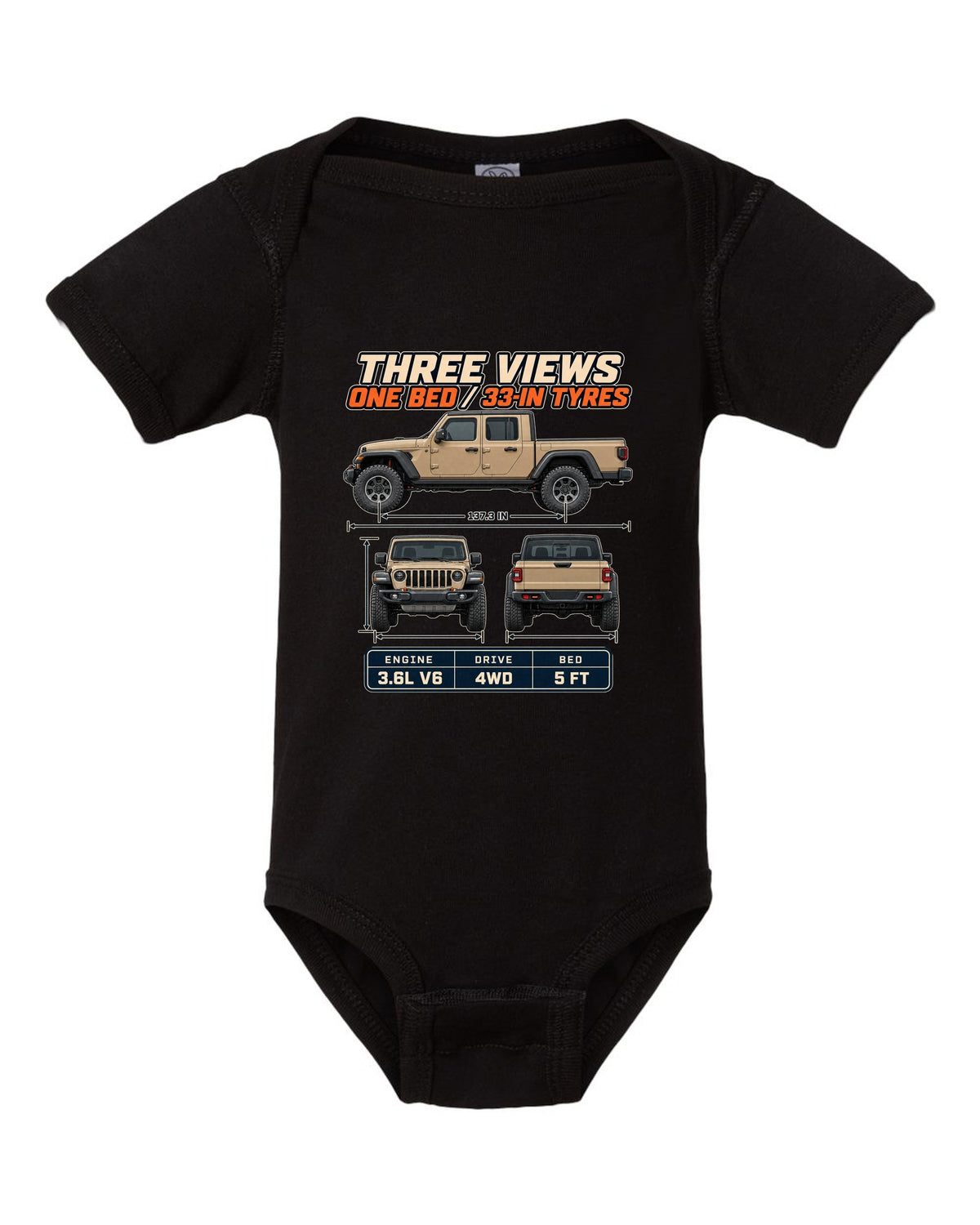 Three-view drawing with spec table print of the Jeep Gladiator Mojave black baby onesie front view with the design