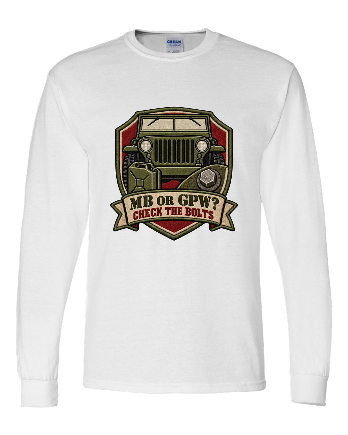 Embroidery-style service crest print of a Willys MB and Ford GPW with bolts text white long sleeve front view with the design