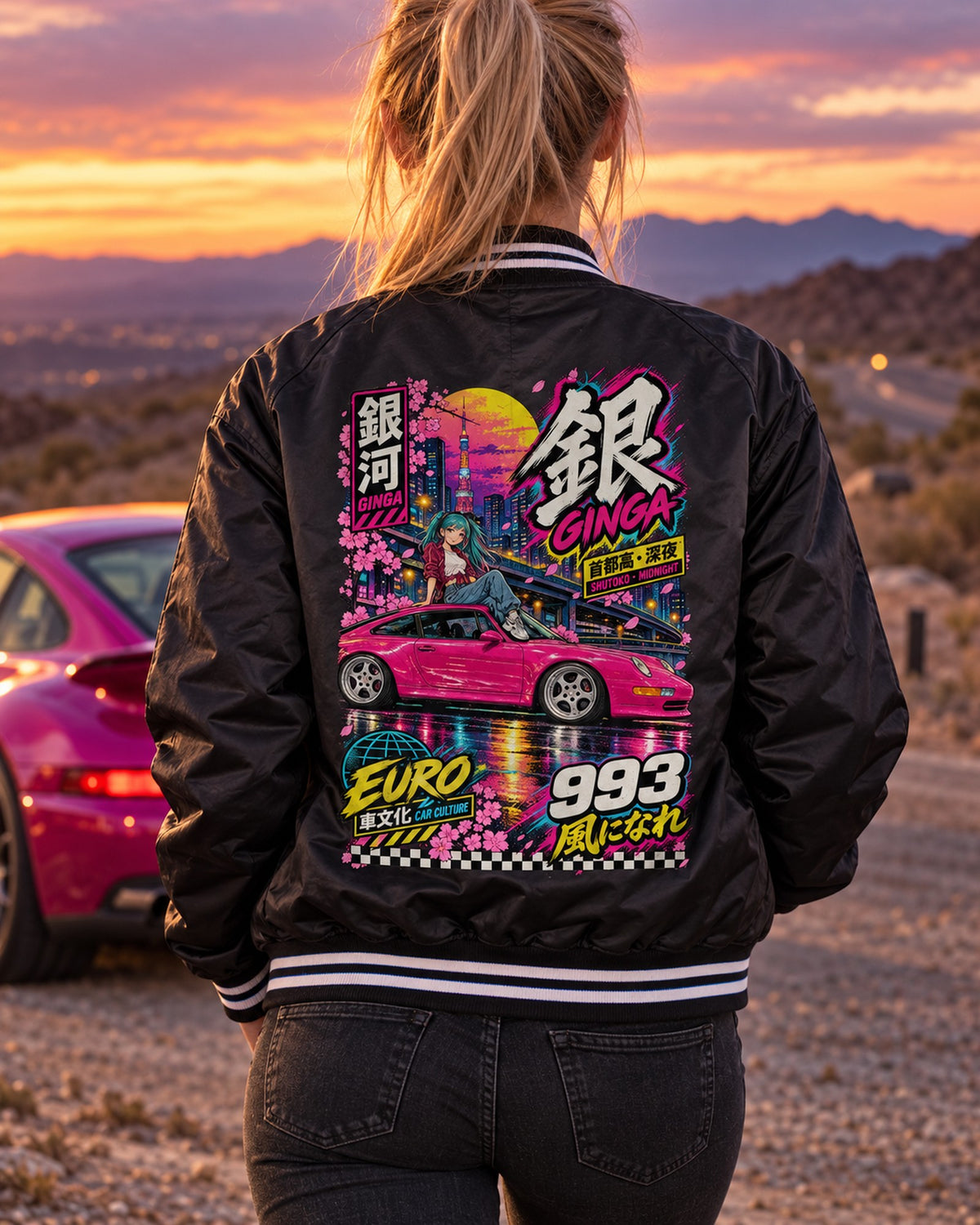 GINGA 993 Anime Girl Full-Back Graphic Tee Bomber Jacket Black worn hero