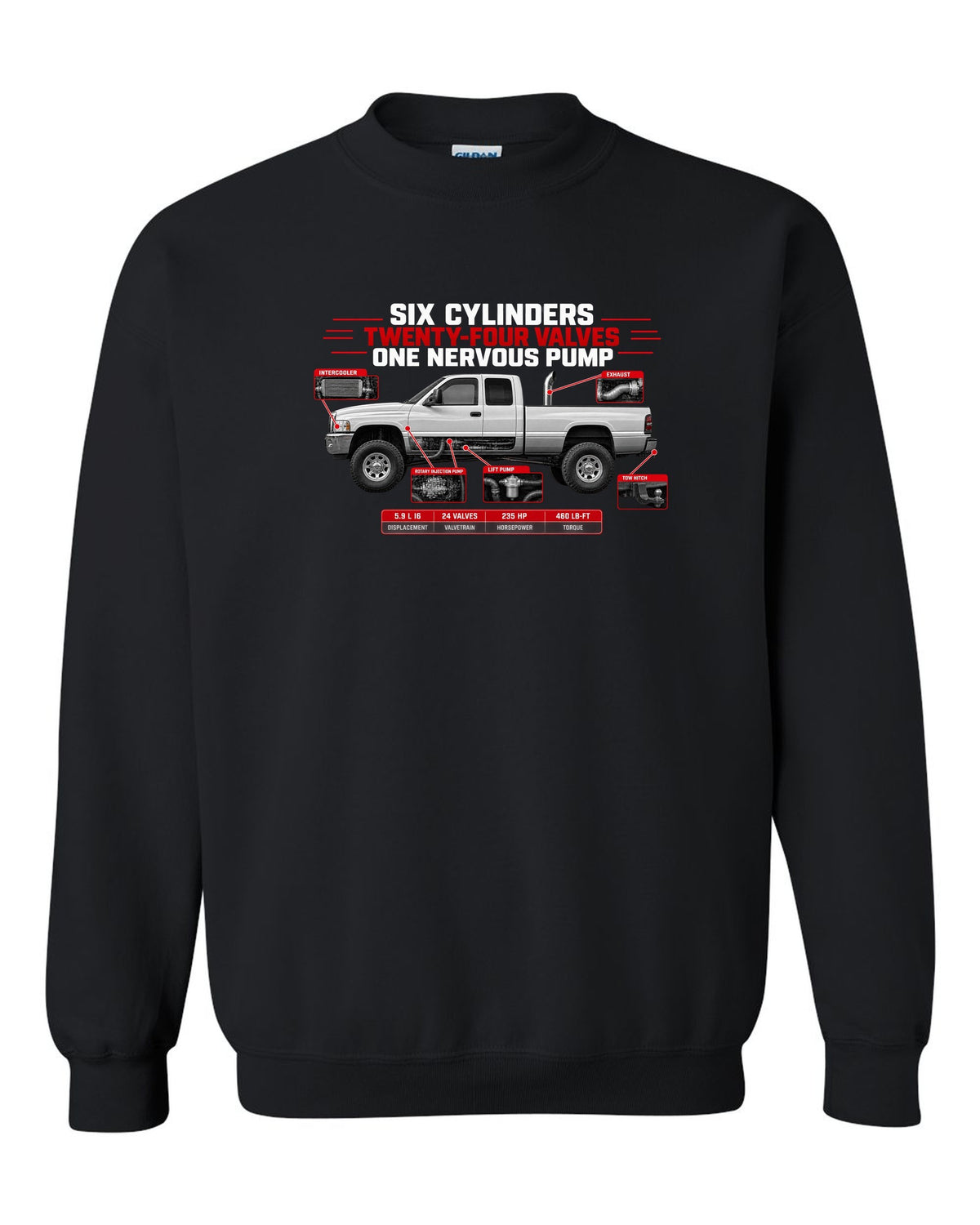Spec poster of a 1998.5-2002 Ram 2500 5.9 24V with six cylinders, twenty-four valves, one nervous pump black crewneck front view with the design