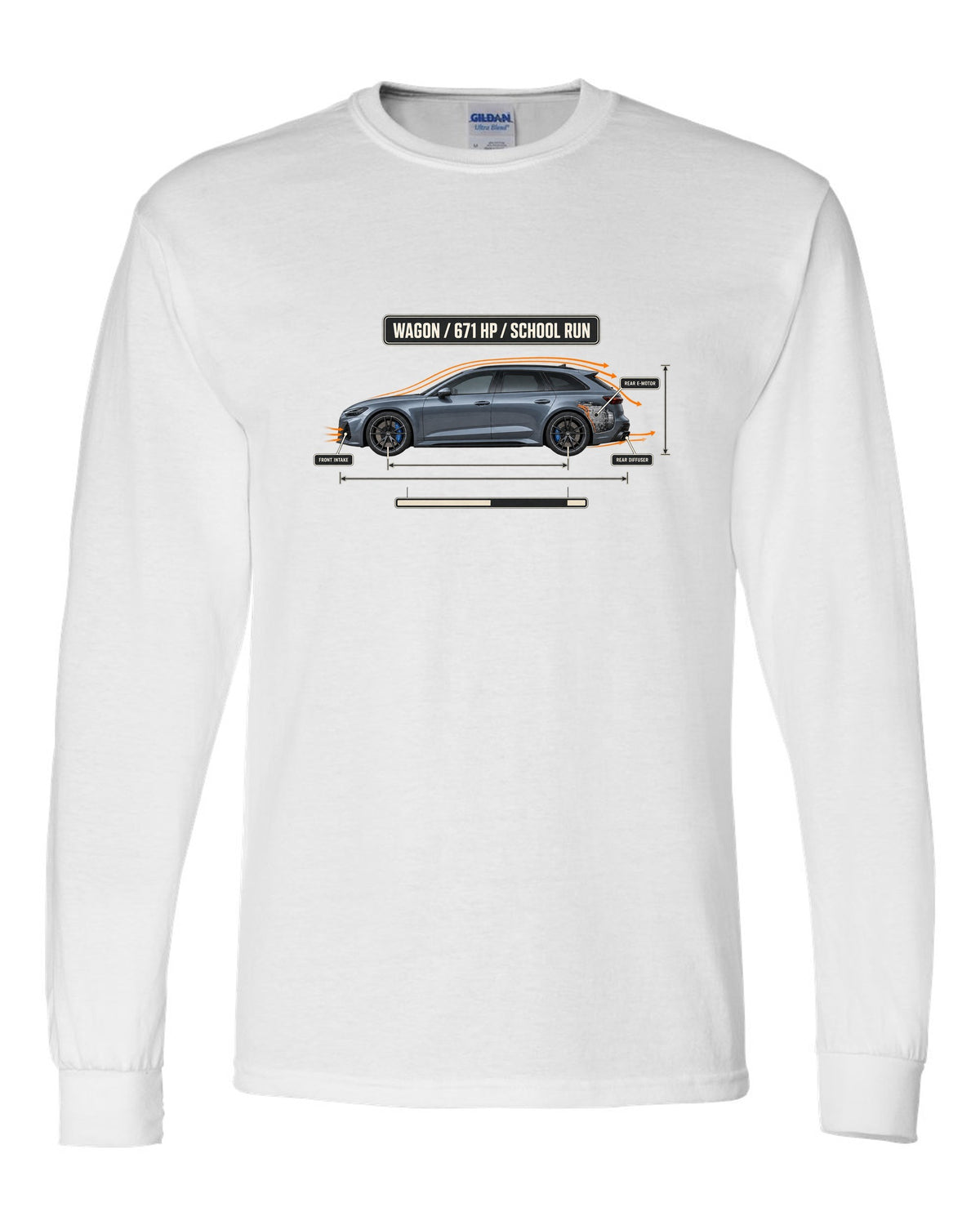 Mercedes-AMG C63 S E Performance S206 estate aero callout diagram white long sleeve front view with the design