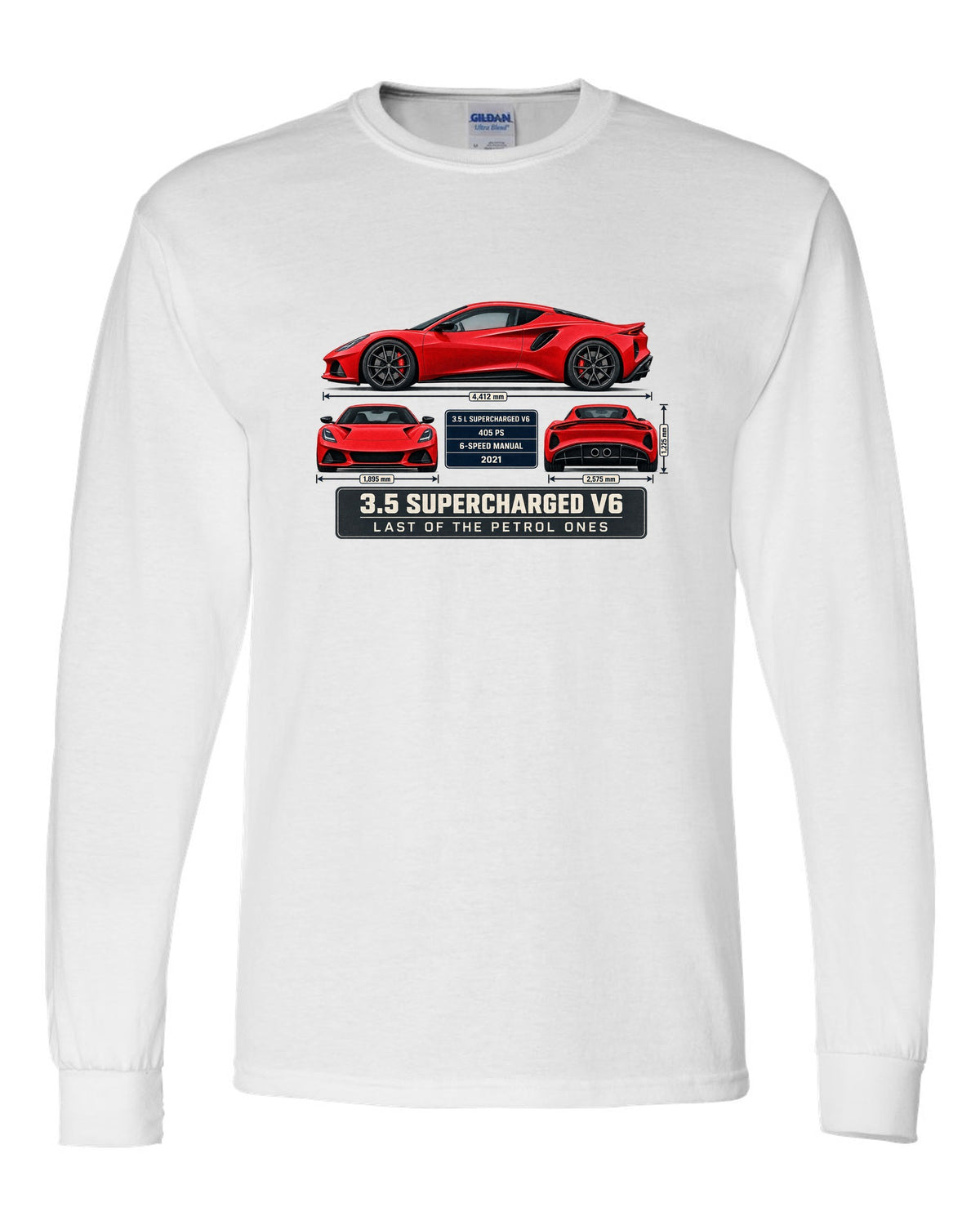 Lotus Emira V6 First Edition Spec Poster Tee, 3.5 Supercharg white long sleeve front view with the design