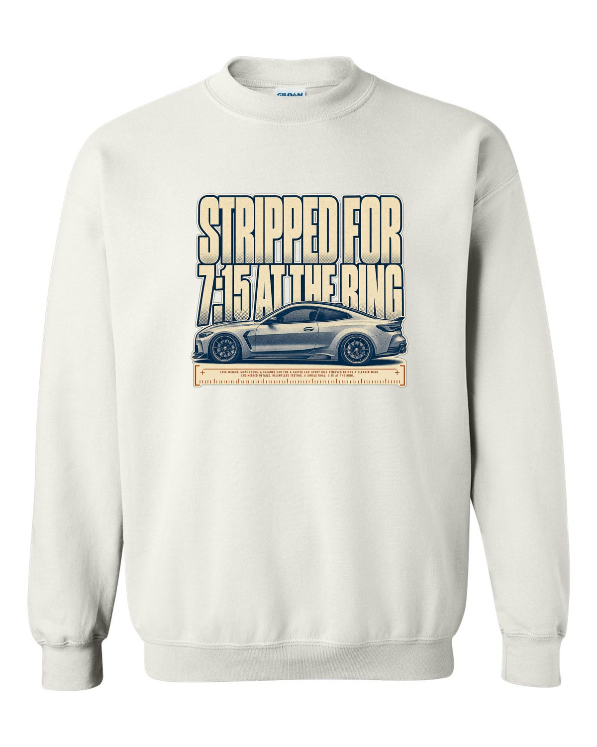BMW M4 CSL G82 halftone print with 7:15 at the Ring text white crewneck front view with the design