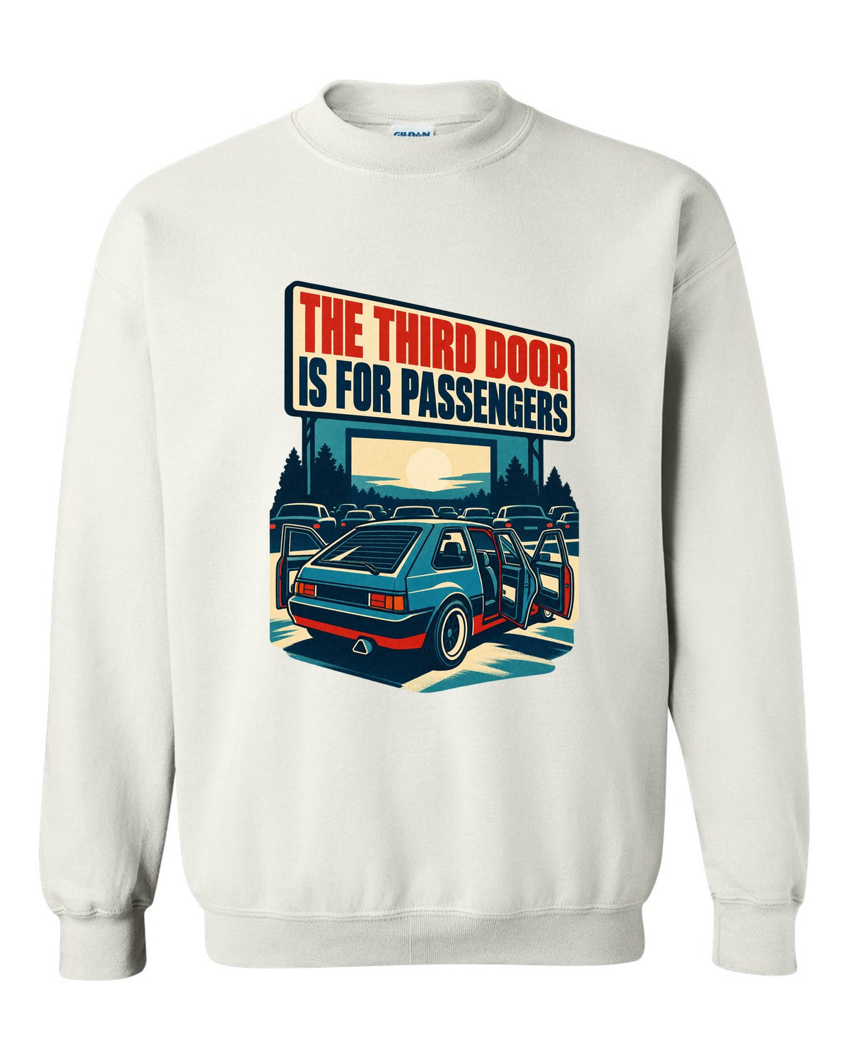 1960s litho race poster print of a Hyundai Veloster N JS with third door text white crewneck front view with the design