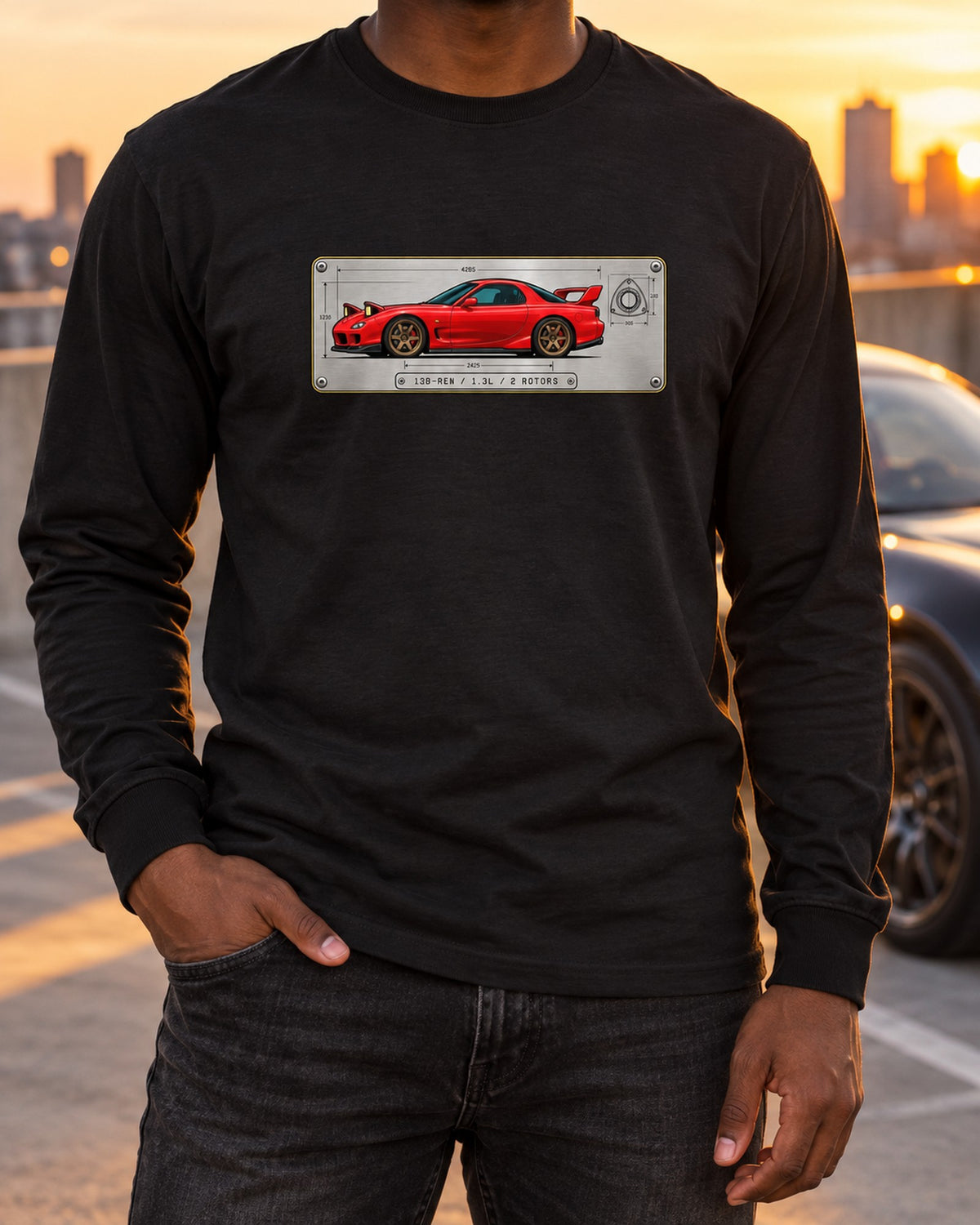 Mazda RX-7 FD3S 13B-REW Rotary Data Plate Tee Long Sleeve Black worn hero
