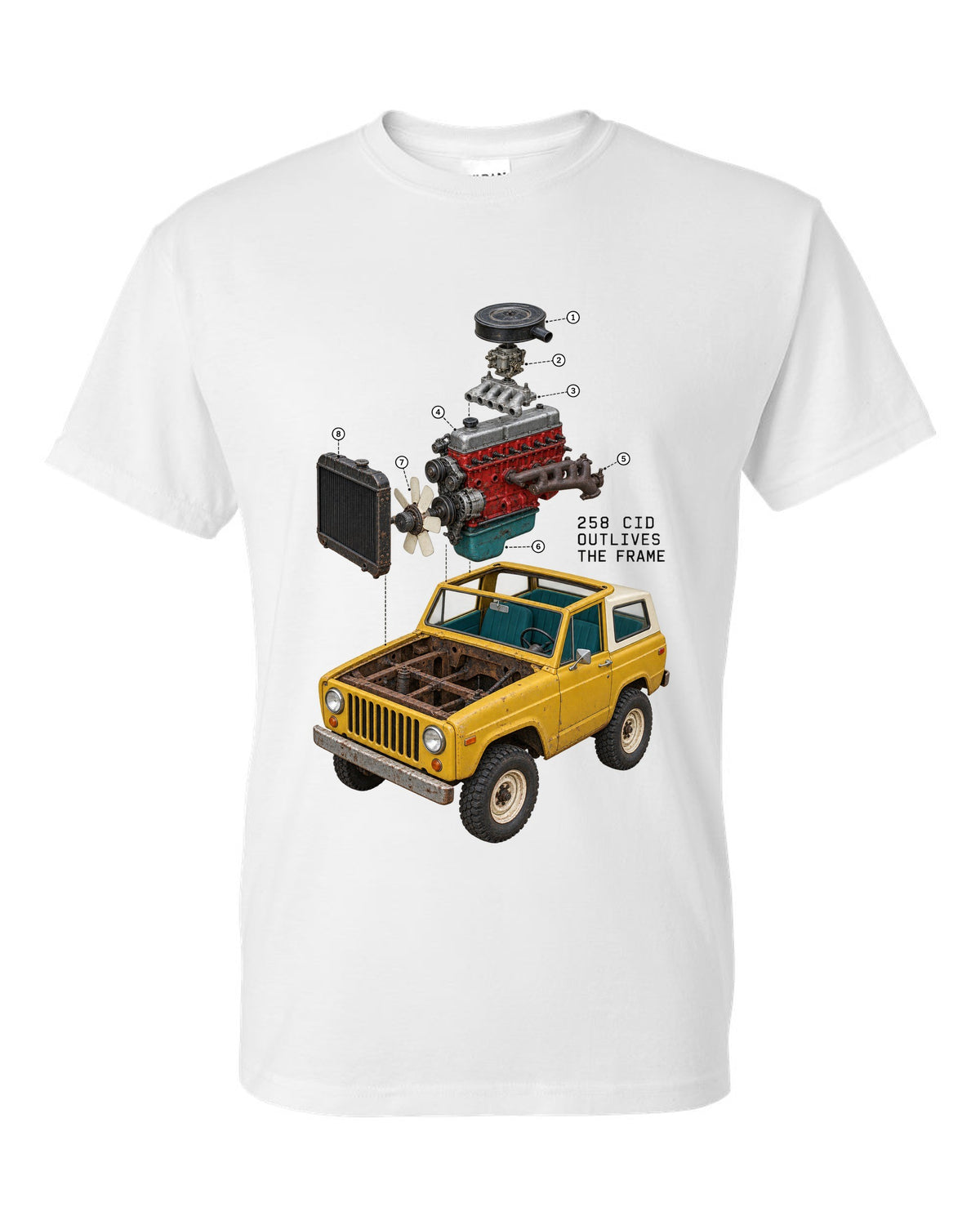 Exploded cutaway engine print of a Jeep CJ-7 258 CID inline-six white t-shirt front view with the design