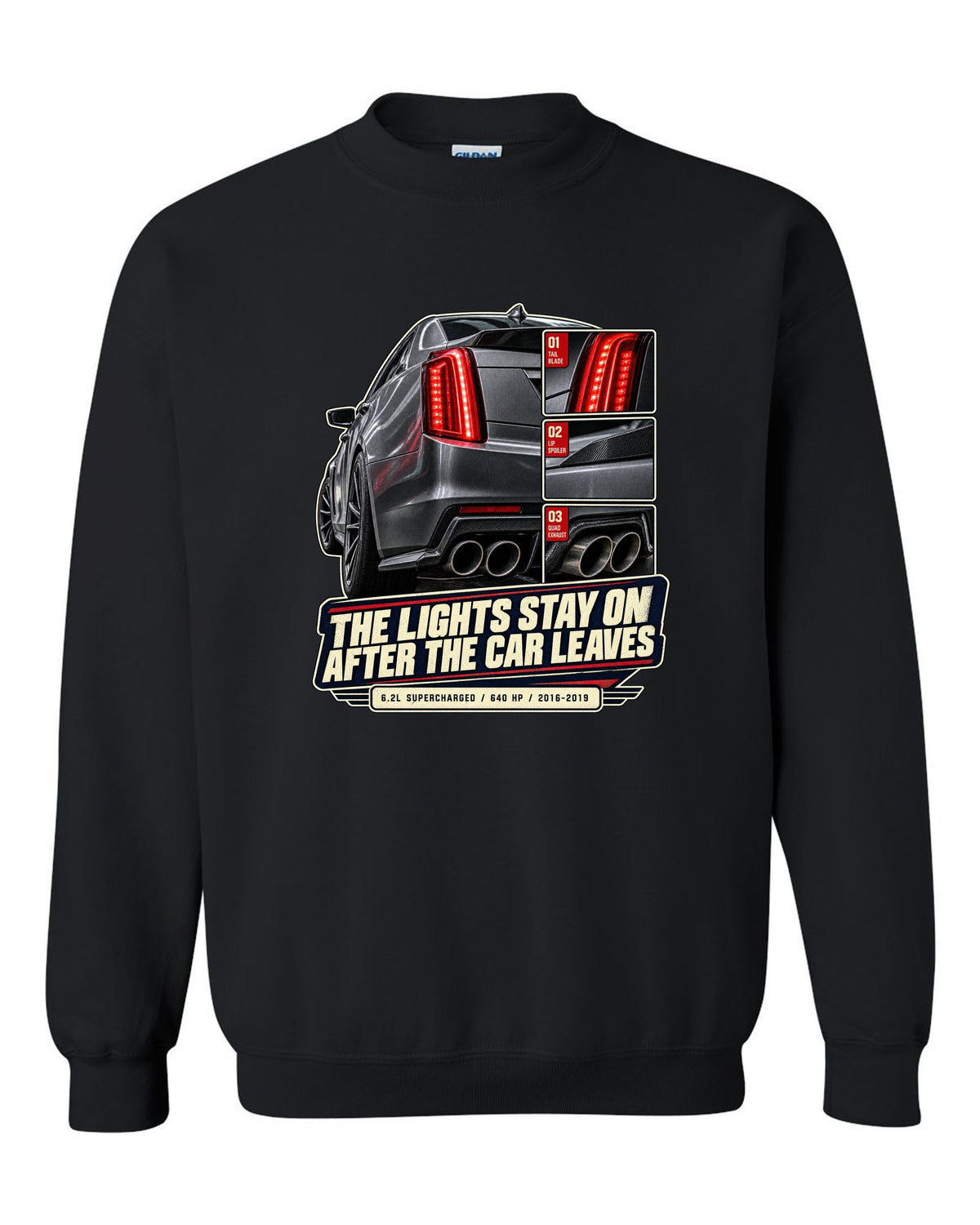 Rear taillight close-up print of a 2016-19 Cadillac CTS-V black crewneck front view with the design