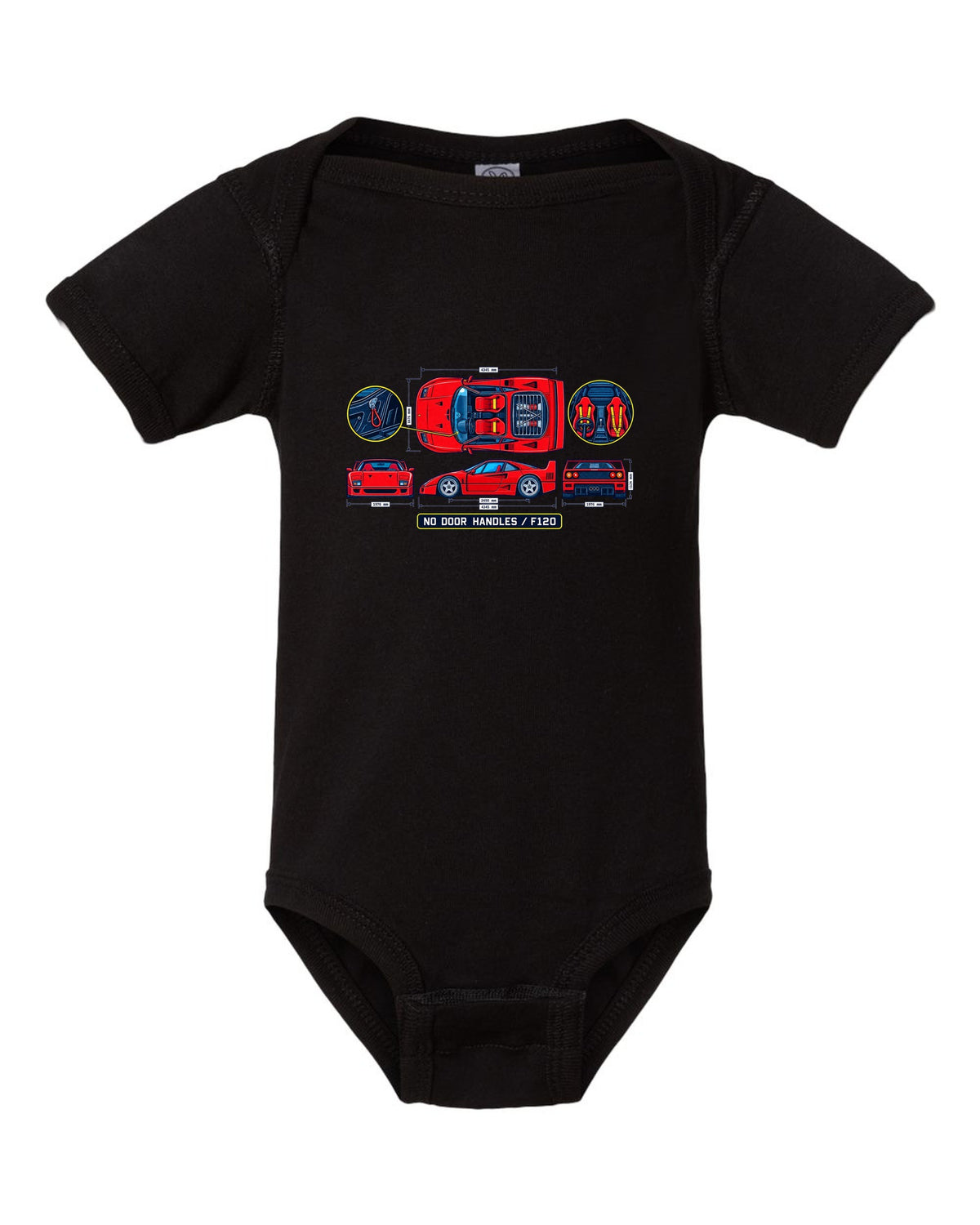 Technical blueprint print of a 1987 Ferrari F40 F120 cabin with no door handles text black baby onesie front view with the design