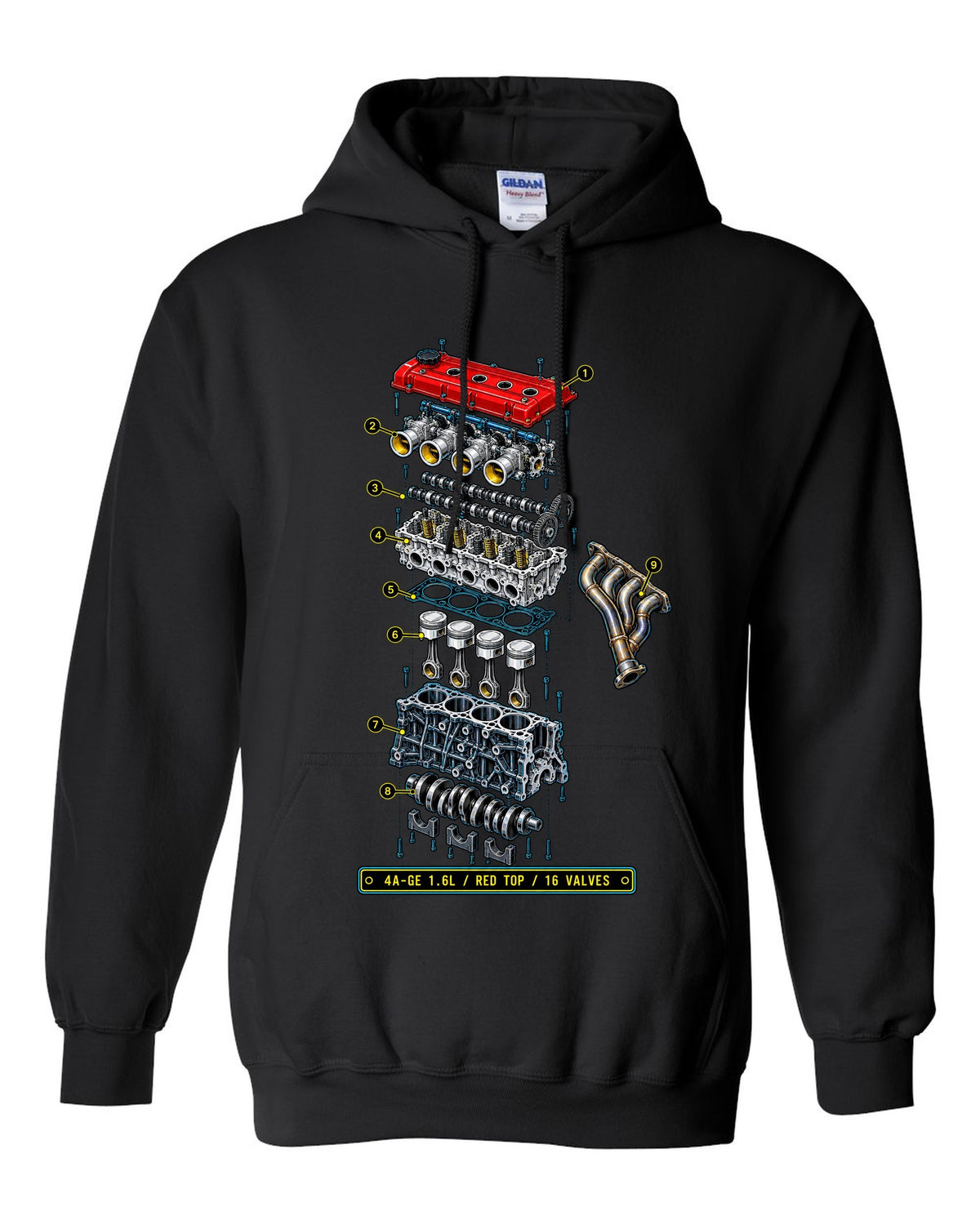 Blueprint exploded diagram of the Toyota AE86 Corolla Levin 4A-GE 1.6L engine black pull over hoodie front view with the design