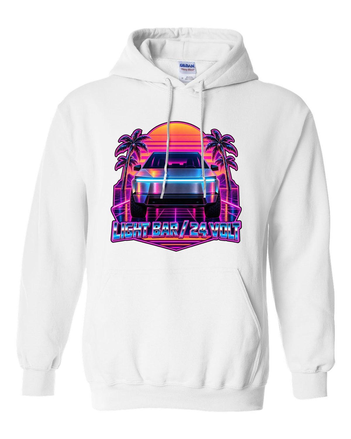 Neon synthwave outrun scene of a 2023 Tesla Cybertruck with the words Light Bar 24 Volt white pull over hoodie front view with the design