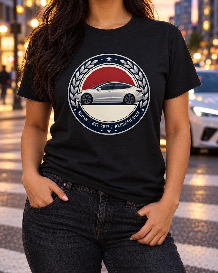 Model 3 Sedan Round Crest Tee, Tesla Est 2017 print T-Shirt Black worn hero